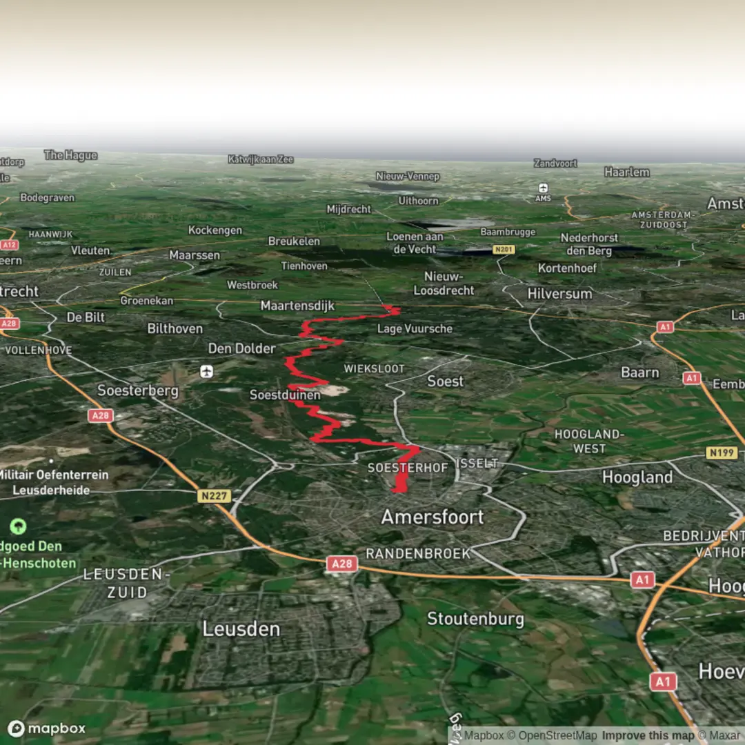 An image depicting the trail NS wandeling Lange Duinen - Amersfoort Centraal naar Hollandsche Rading and its surrounding area.