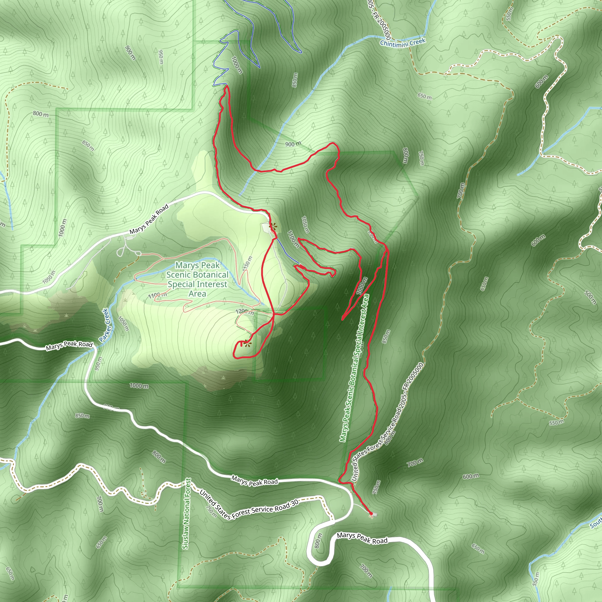 Marys Peak, Tie amd East Ridge Loop Trail mobile static map