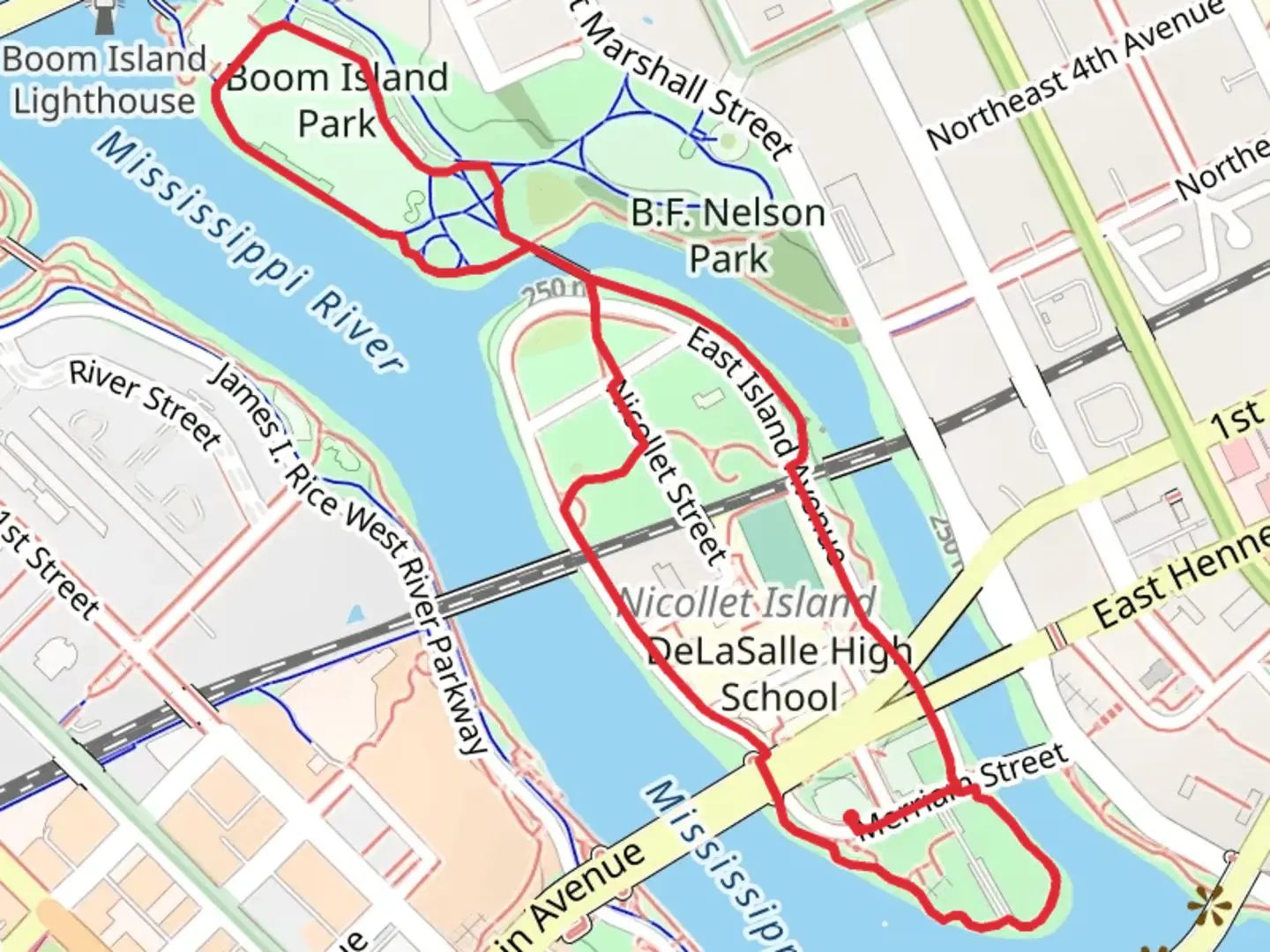 An image depicting the trail Boom Island Loop and its surrounding area.
