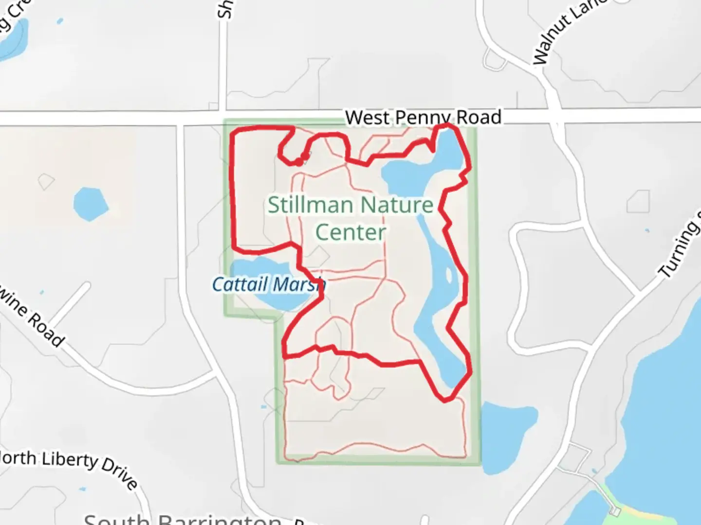 An image depicting the trail Cattail Marsh via Rabbit Hill and Lakeside Loop and its surrounding area.