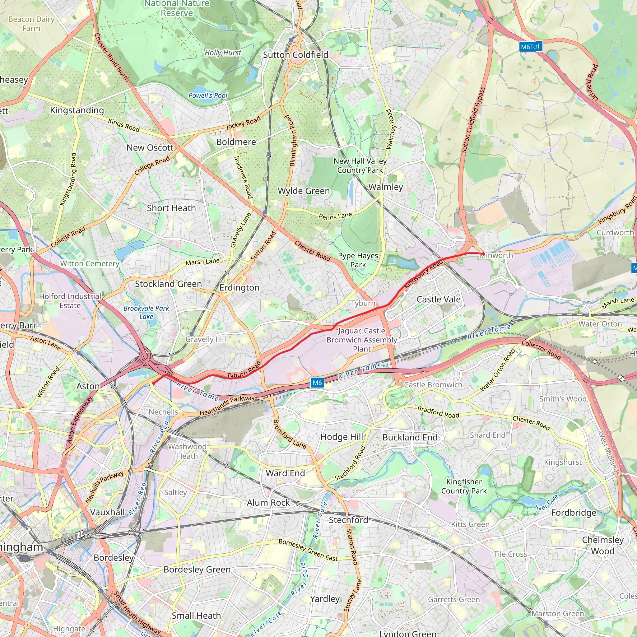 Minworth to Nechells Walk via Birmingham and Fazeley Canal mobile static map