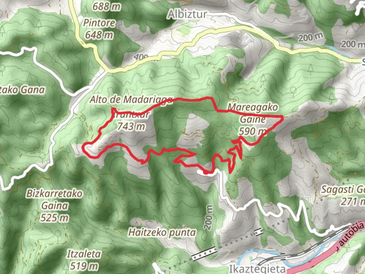 An image depicting the trail Around Intxurre PR GI 74 and its surrounding area.