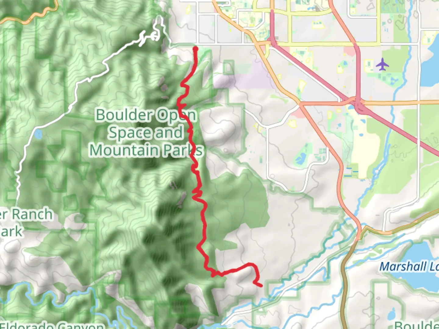 An image depicting the trail Mesa Trail - Chautauqua Park and its surrounding area.