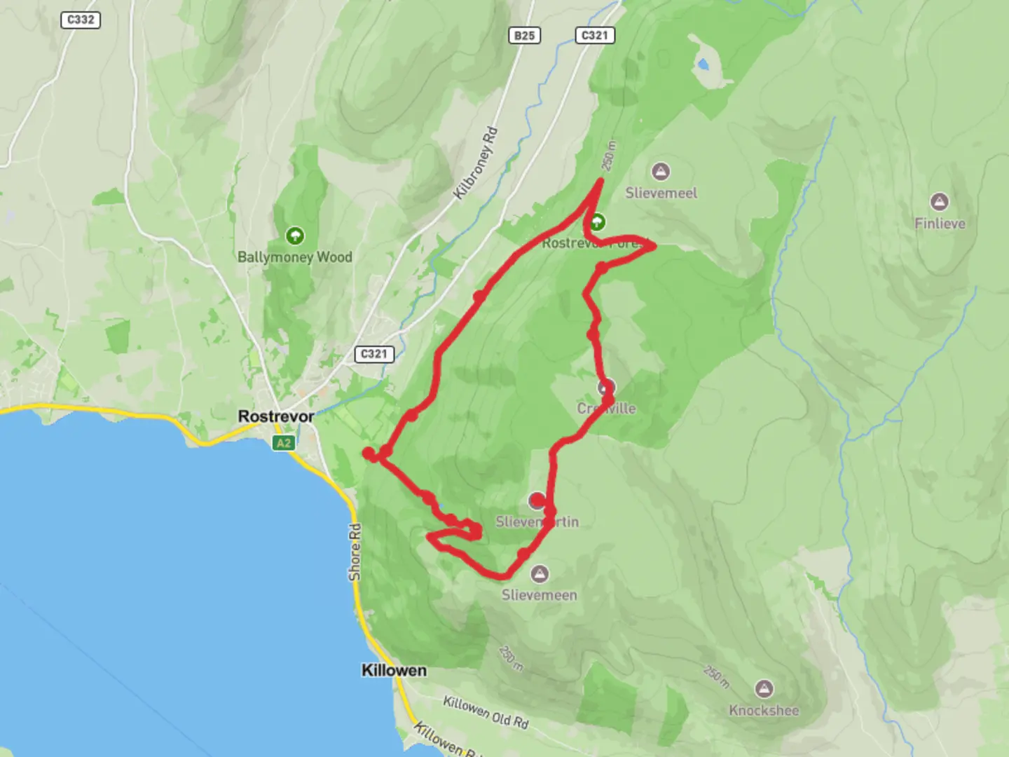 An image depicting the trail Crenville from Rostrevor and its surrounding area.