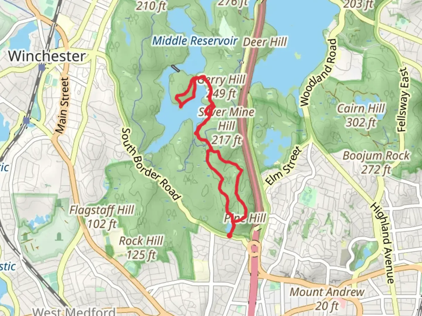 An image depicting the trail South Reservoir, Skyline Trail and Pine Hill Loop via Bellevue Pond and its surrounding area.