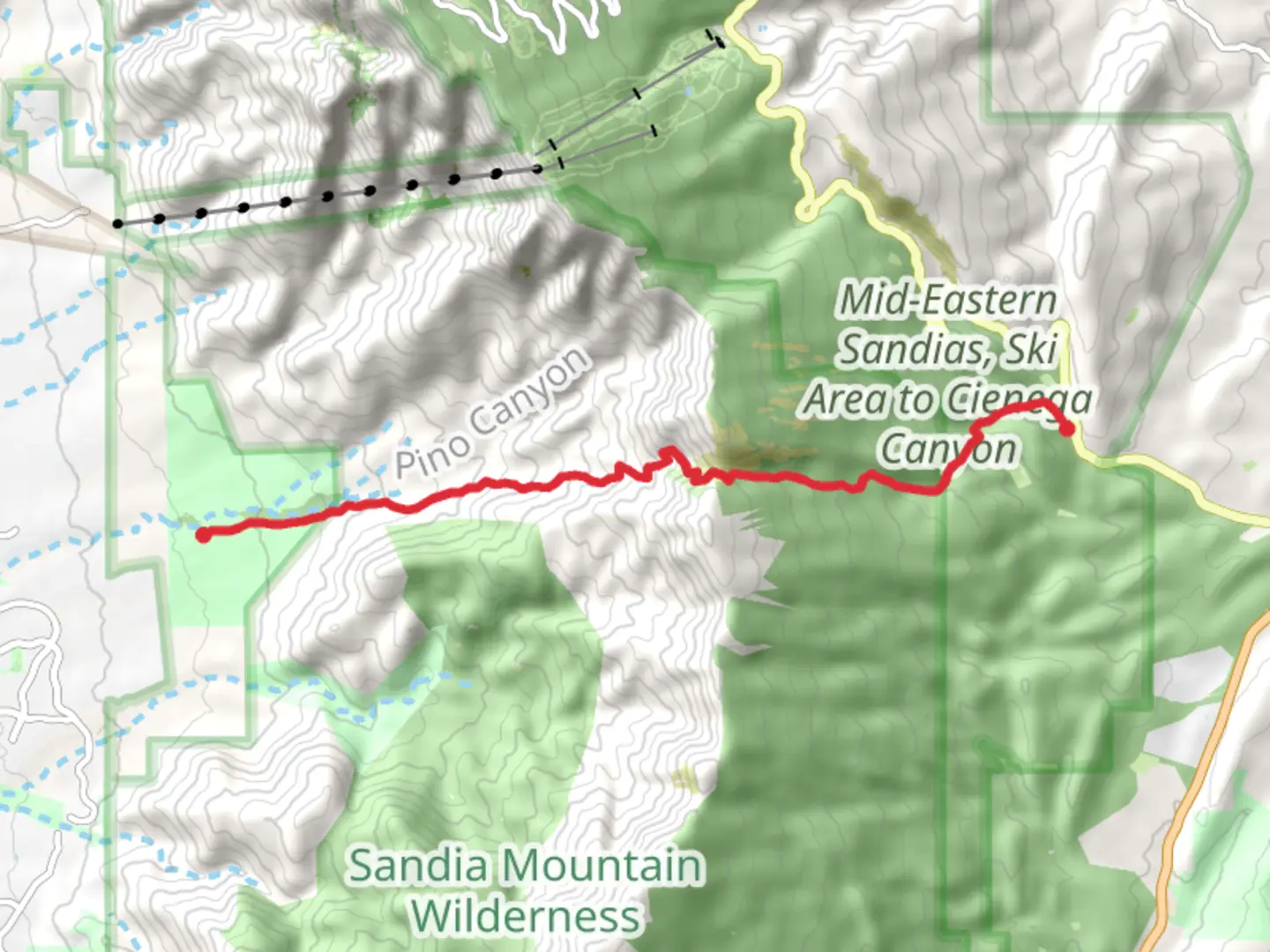An image depicting the trail Pino Trail, Cienega Trail and Sulphur Canyon Trail and its surrounding area.