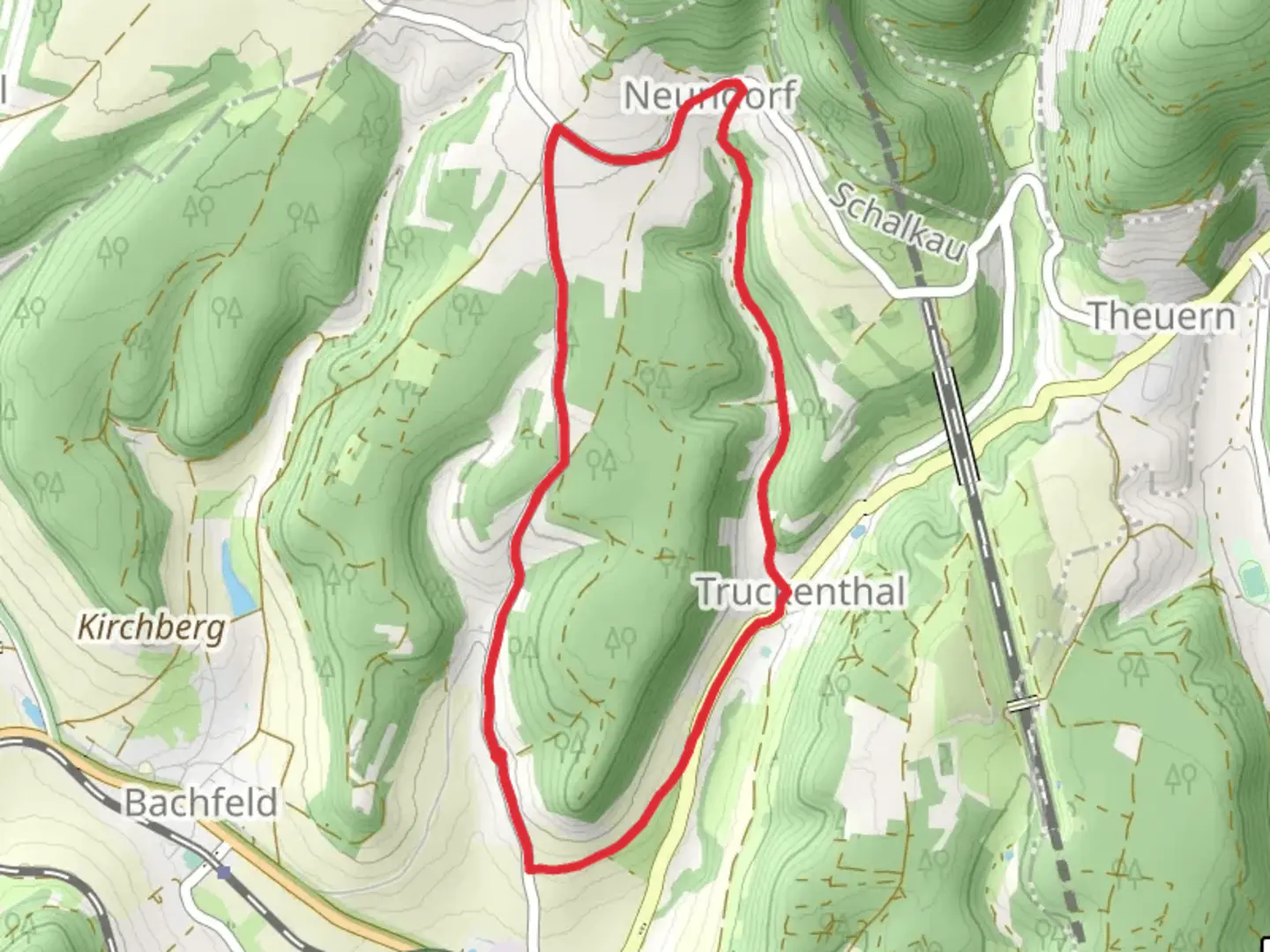 An image depicting the trail Dockenweg and Truckenthal and its surrounding area.
