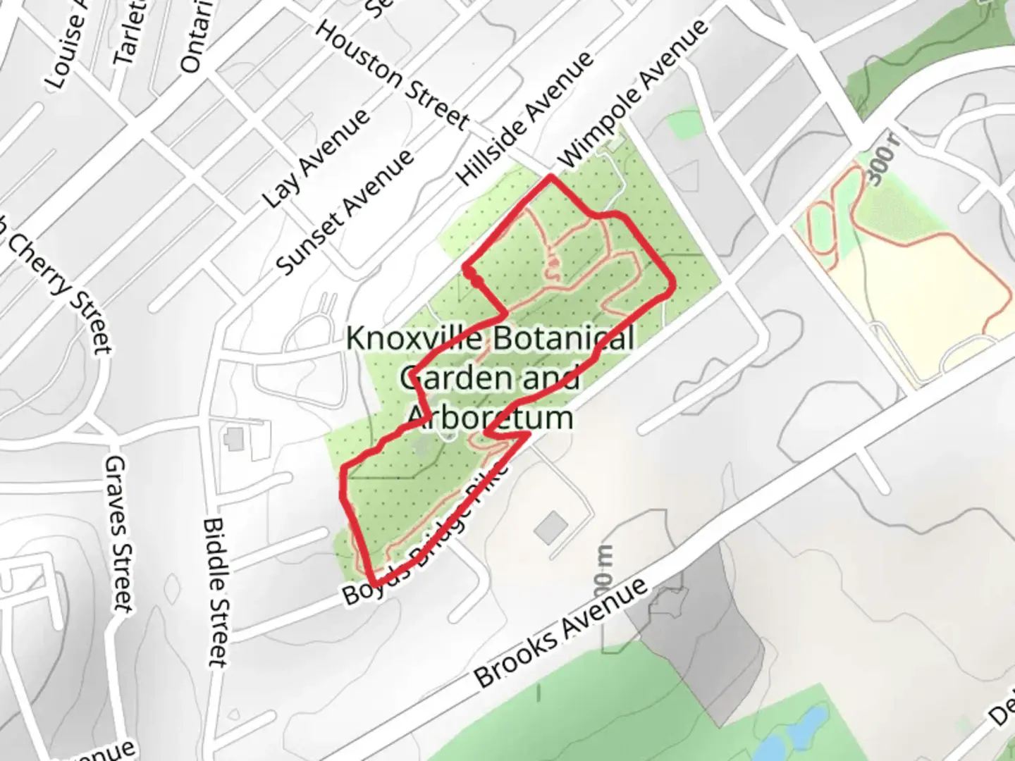 An image depicting the trail Knoxville Botanical Garden and Arboretum Loop and its surrounding area.