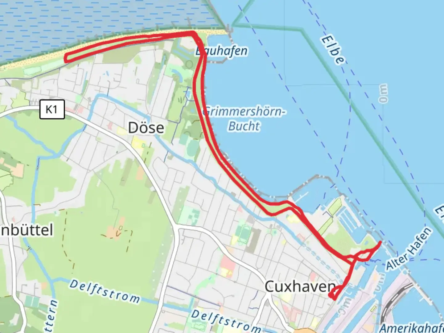 An image depicting the trail Grimmershörn-Bucht and Bauhafen via Unterweser Weg and its surrounding area.