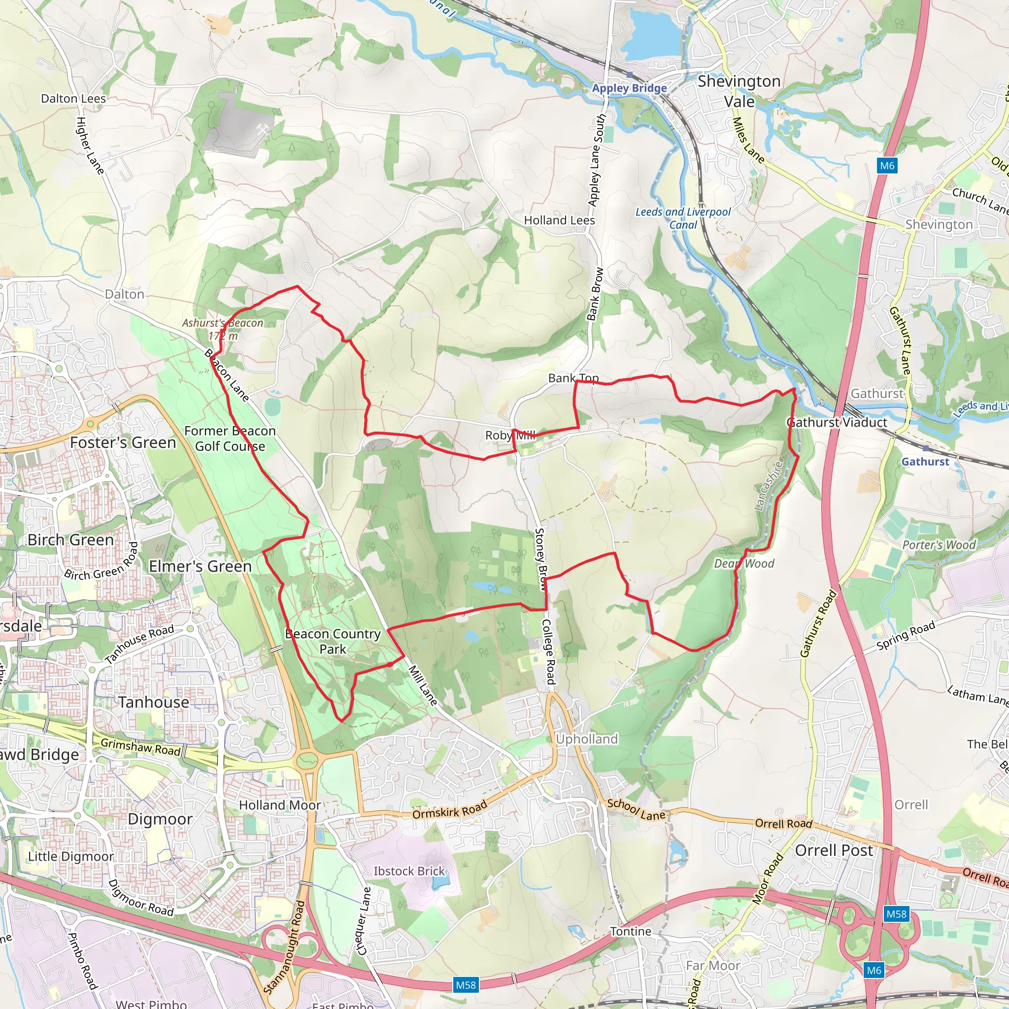 Roby Mill Loop via Ashurst's Beacon and Beacon Country Park mobile static map