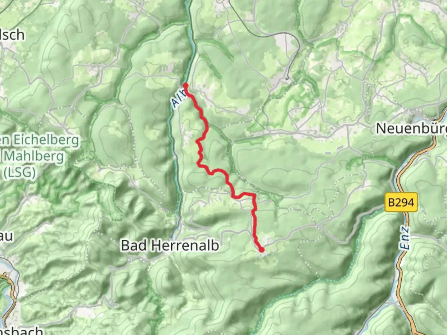 An image depicting the trail Marxzell to Dobel via Hoehenrundweg and Europarundweg and its surrounding area.