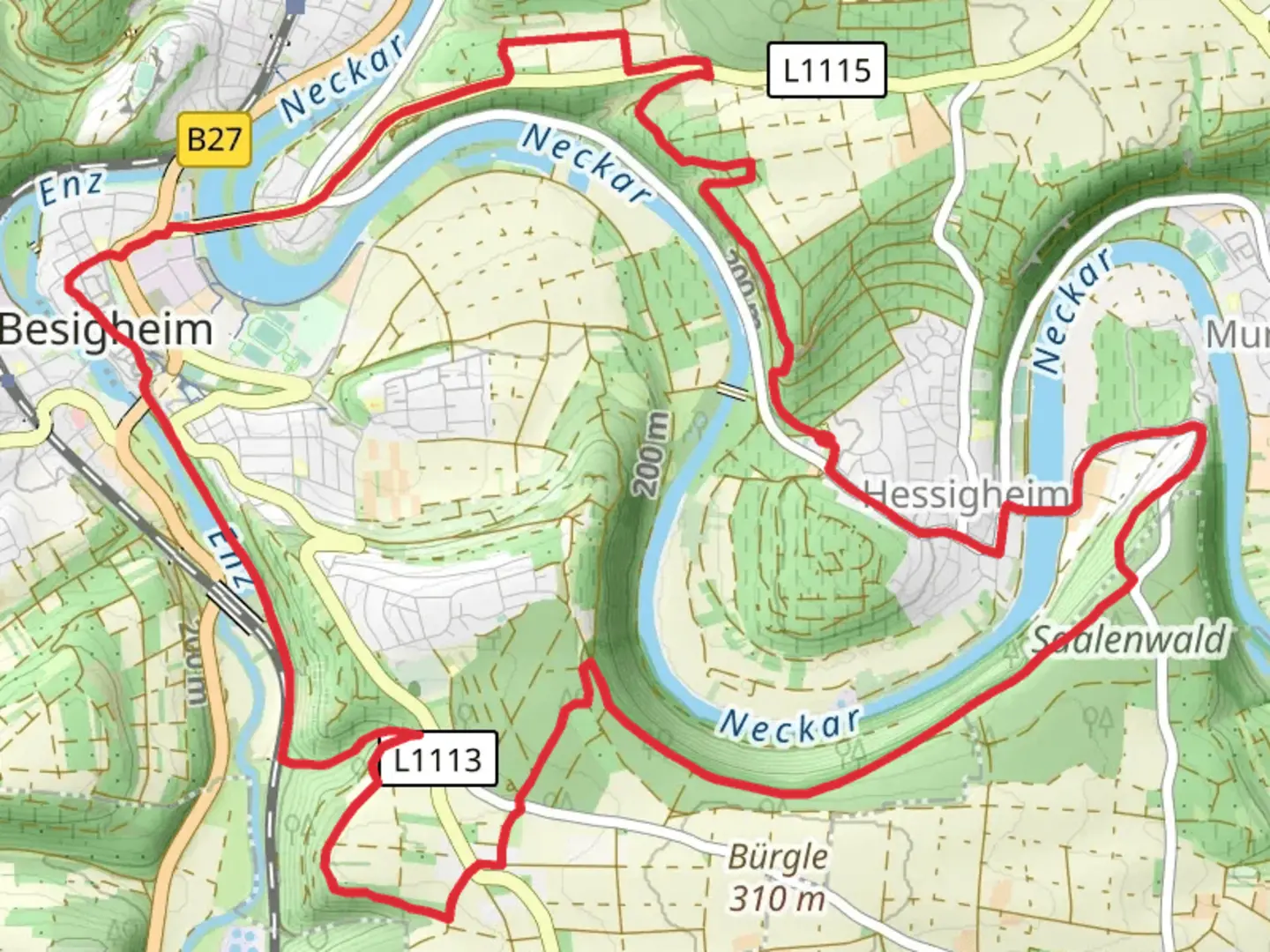 An image depicting the trail Hessigheim and besigheim Loop via Neckar and its surrounding area.