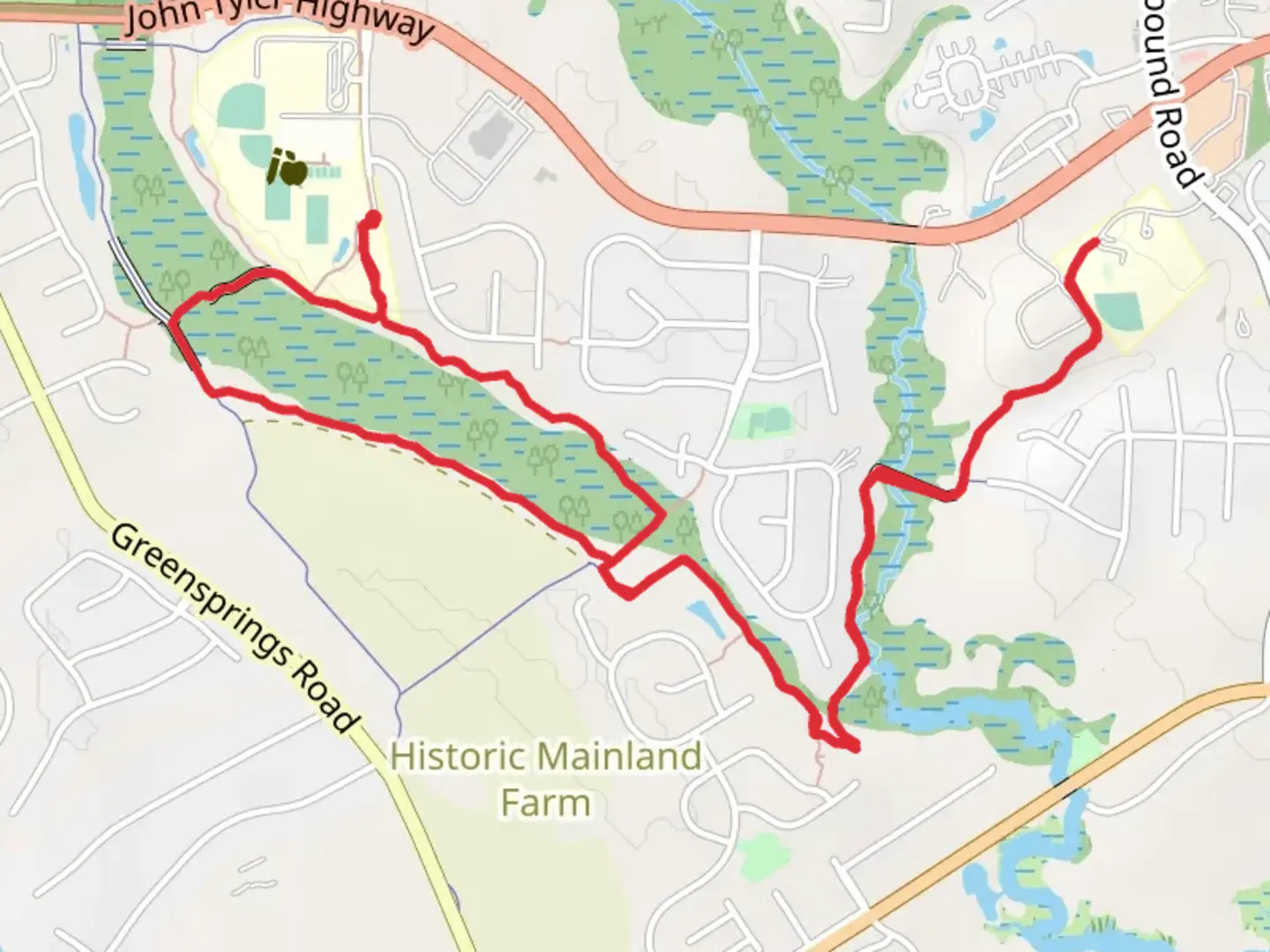 An image depicting the trail Greensprings Intreprative Traill and Powhatan Creek Trail Loop and its surrounding area.