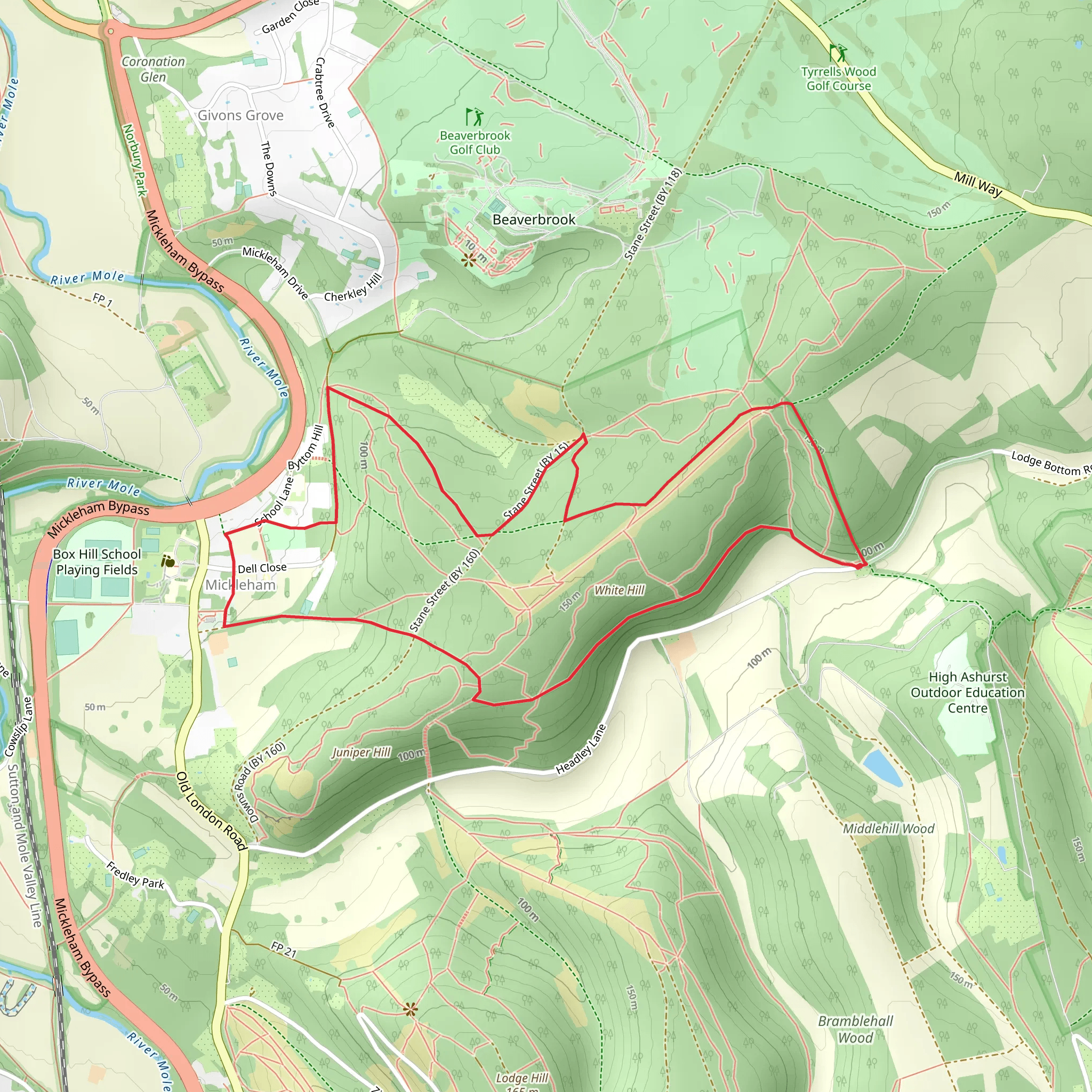 Cockshoot Wood and Mickleham Downs Loop mobile static map