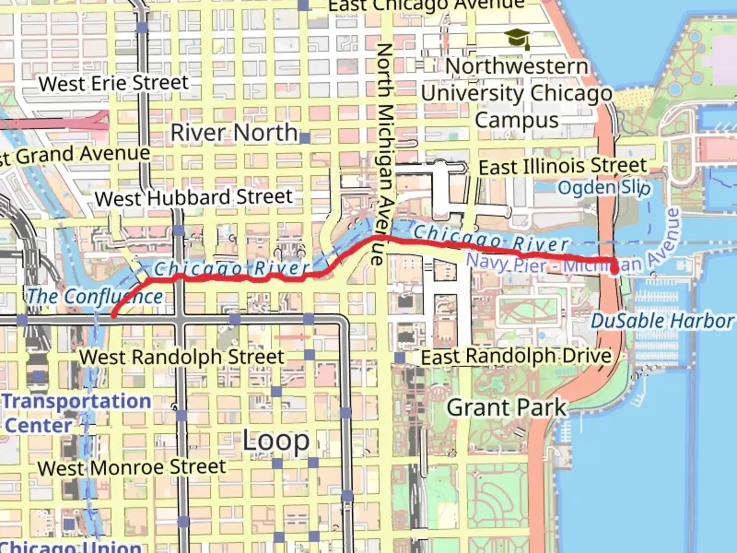 An image depicting the trail Chicago Riverwalk and its surrounding area.