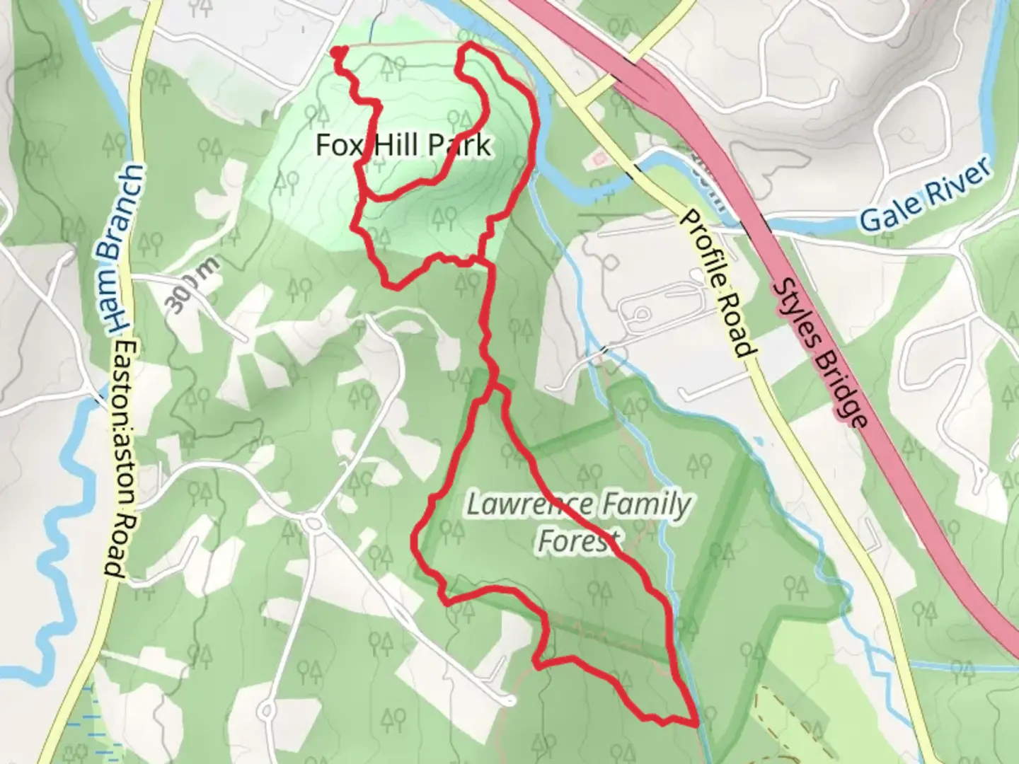 An image depicting the trail Fox Hill Park Loop and its surrounding area.
