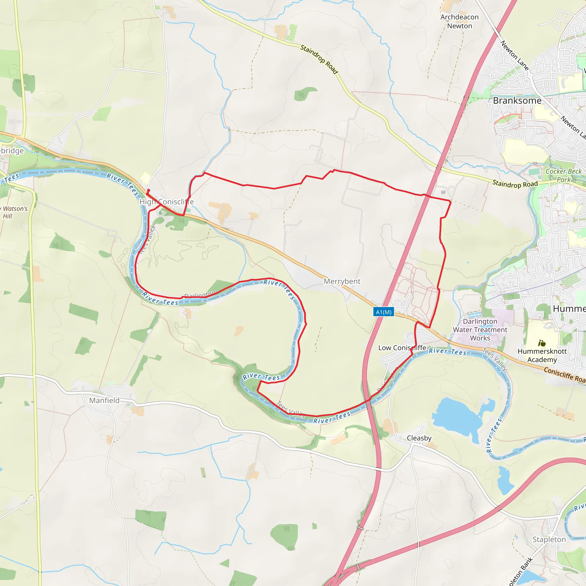 River Tees and Low Coniscliffe and Merrybent Country Park Loop mobile static map