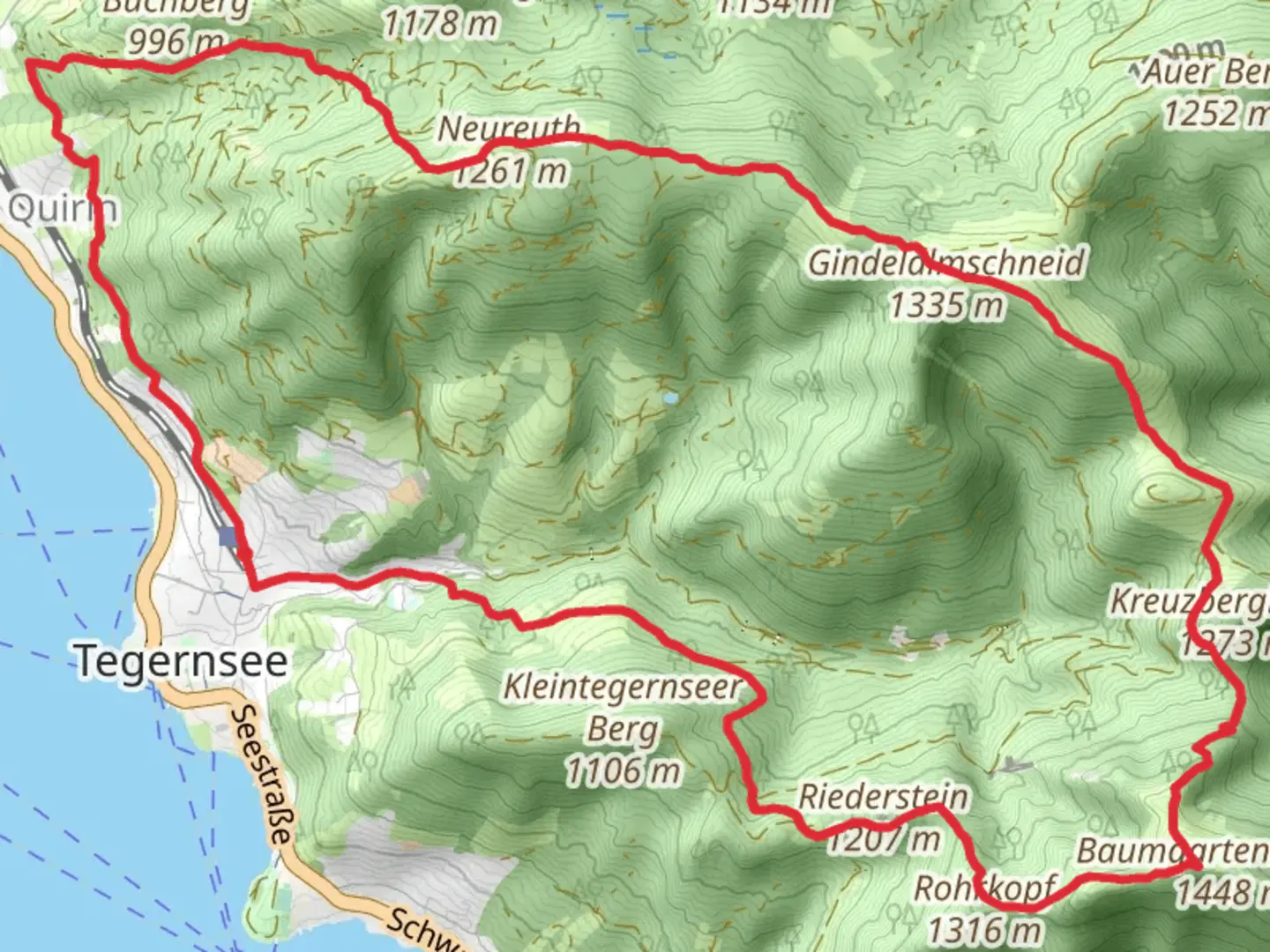 An image depicting the trail Rohrkopf, Kreuzbergalm and Gindelalmschneid Loop - Tergnsee and its surrounding area.