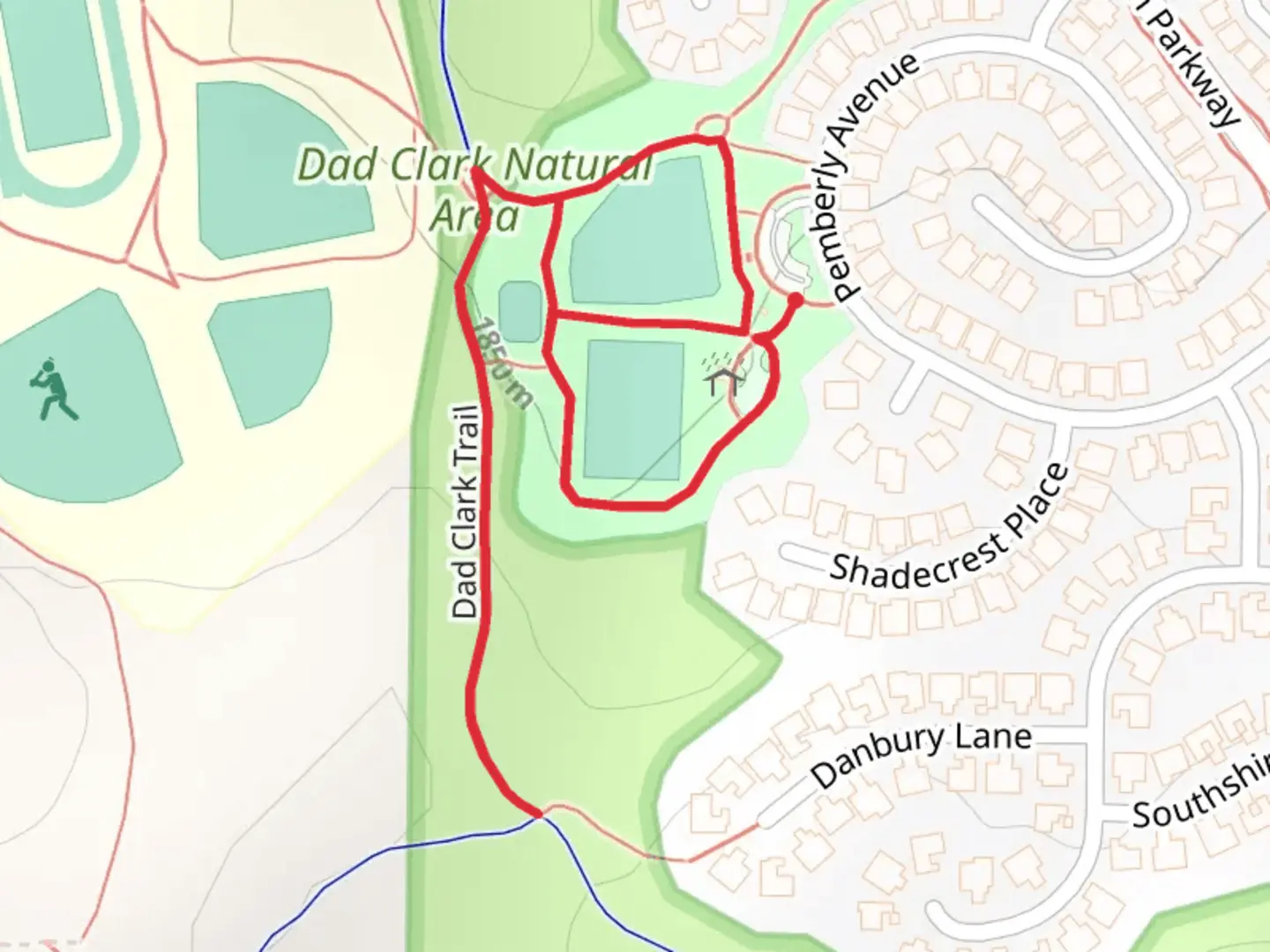 An image depicting the trail Red-tail Park Loop and its surrounding area.