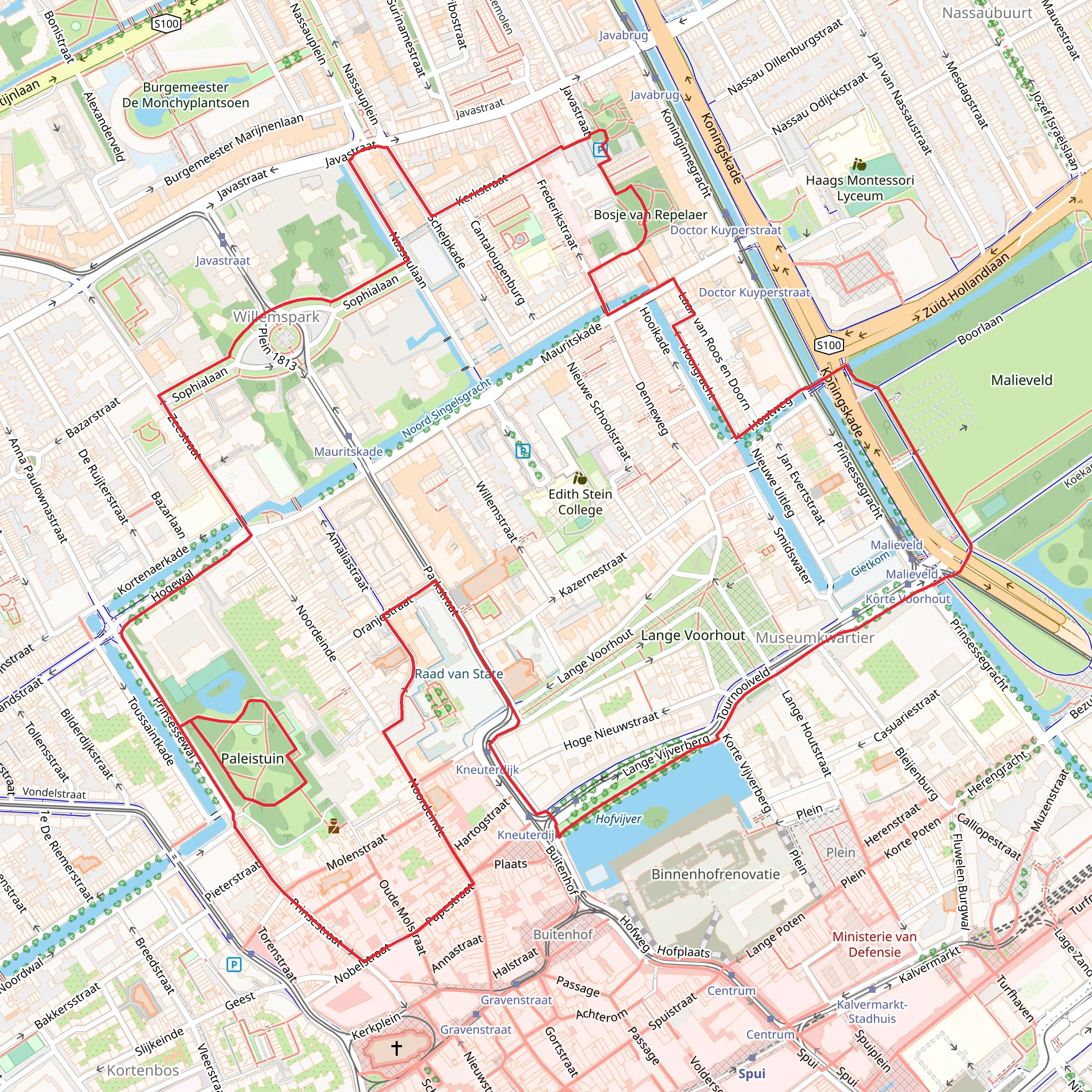 Bosje van Repelaer, Hofvijver and Palace Gardens via Monumentale Bomen - en hofjes Route mobile static map