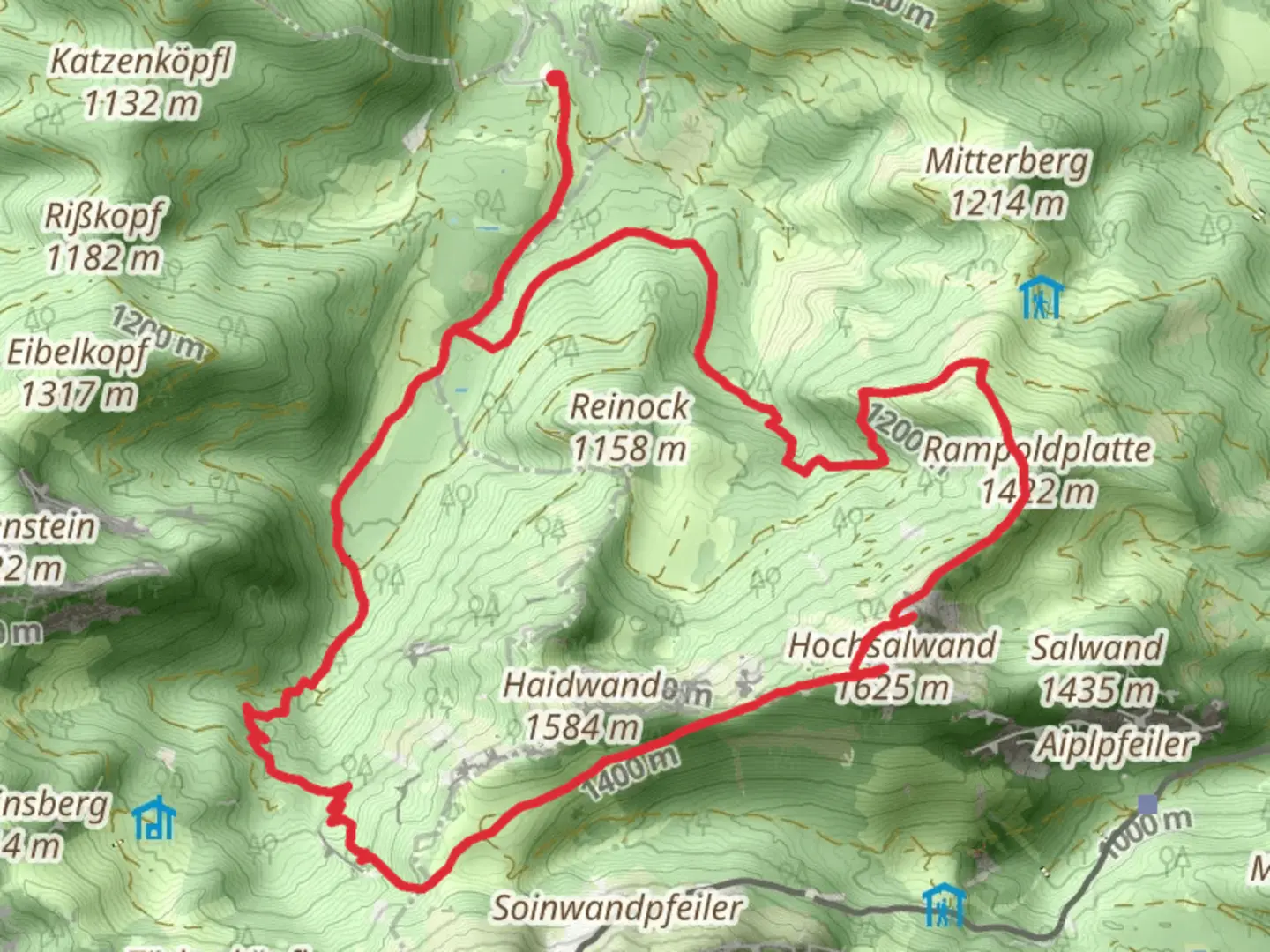 An image depicting the trail Hochsalwand, Lechnerkopf Peak Loop via Wendelstein Bad Feilnbach and its surrounding area.