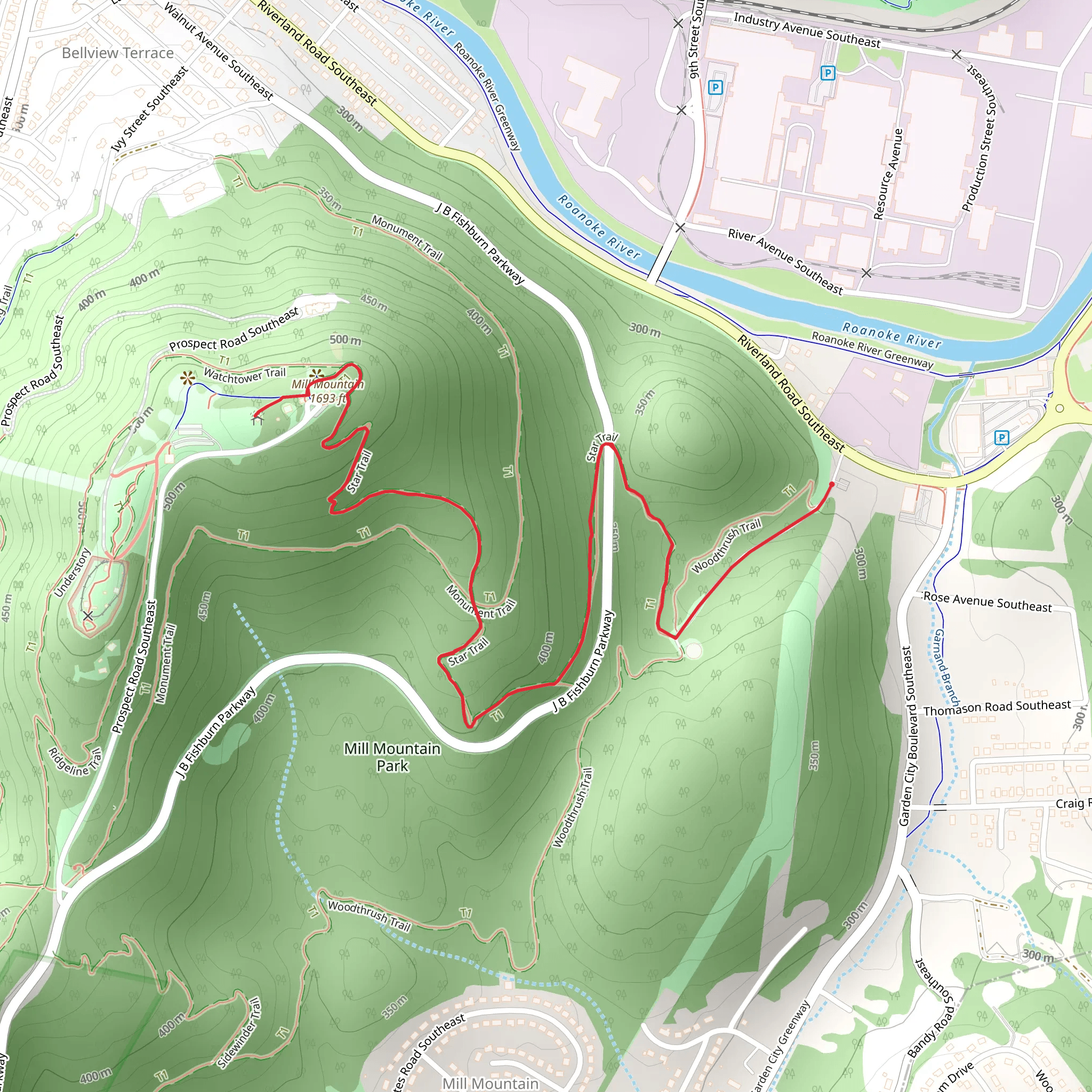 Mill Mountain via Wood Thrush Trail mobile static map