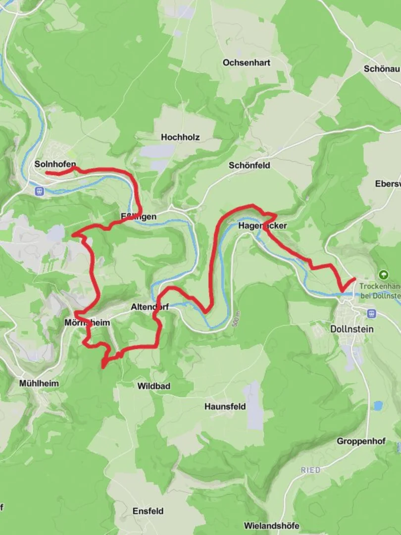 An image depicting the trail Solnhofen to Dollnstein Walk and its surrounding area.