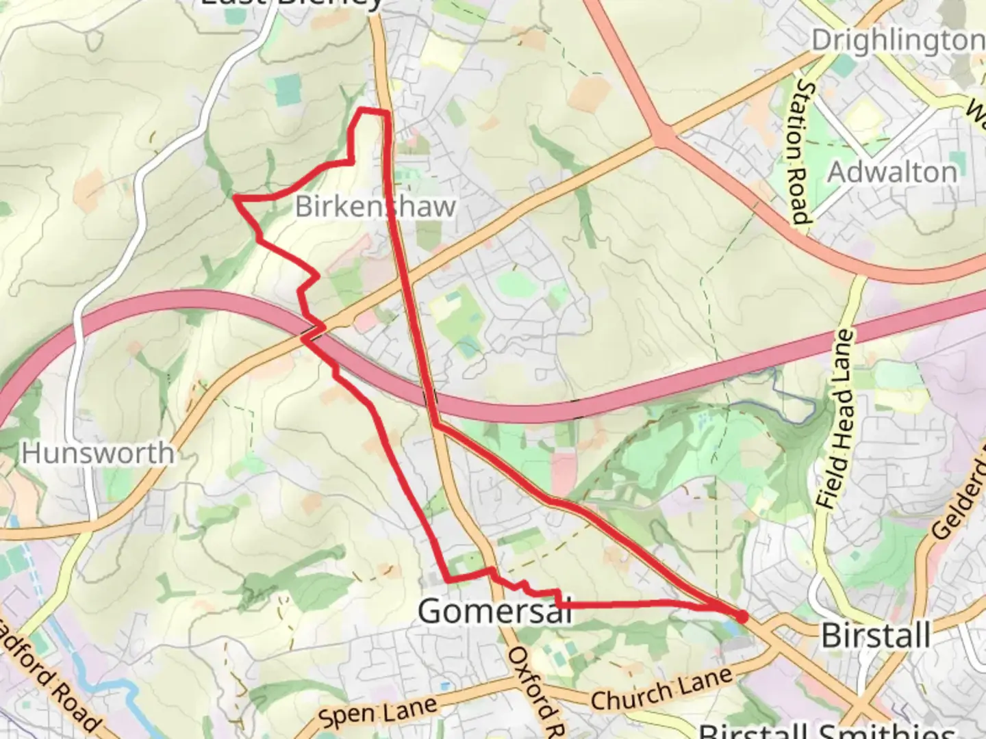An image depicting the trail Gomersal Park via Kirklees Way and Bronte Way and its surrounding area.