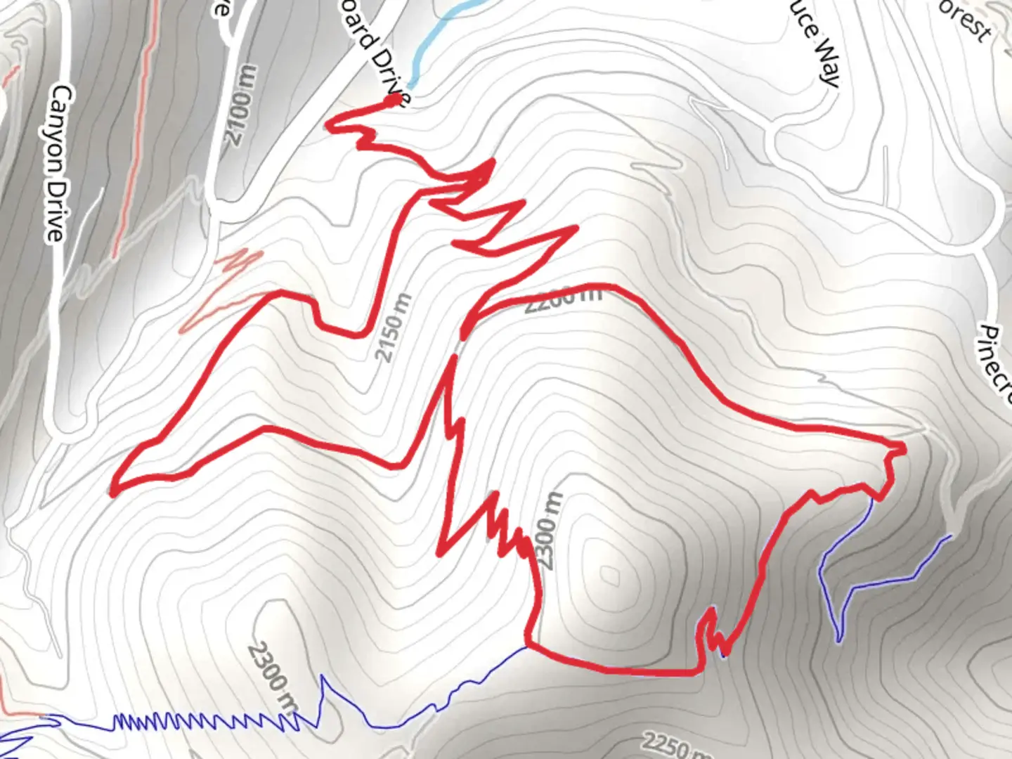 An image depicting the trail Spring Trail, Lower and Upper Meeks Trail and Pinebrook SE Perimeter and its surrounding area.