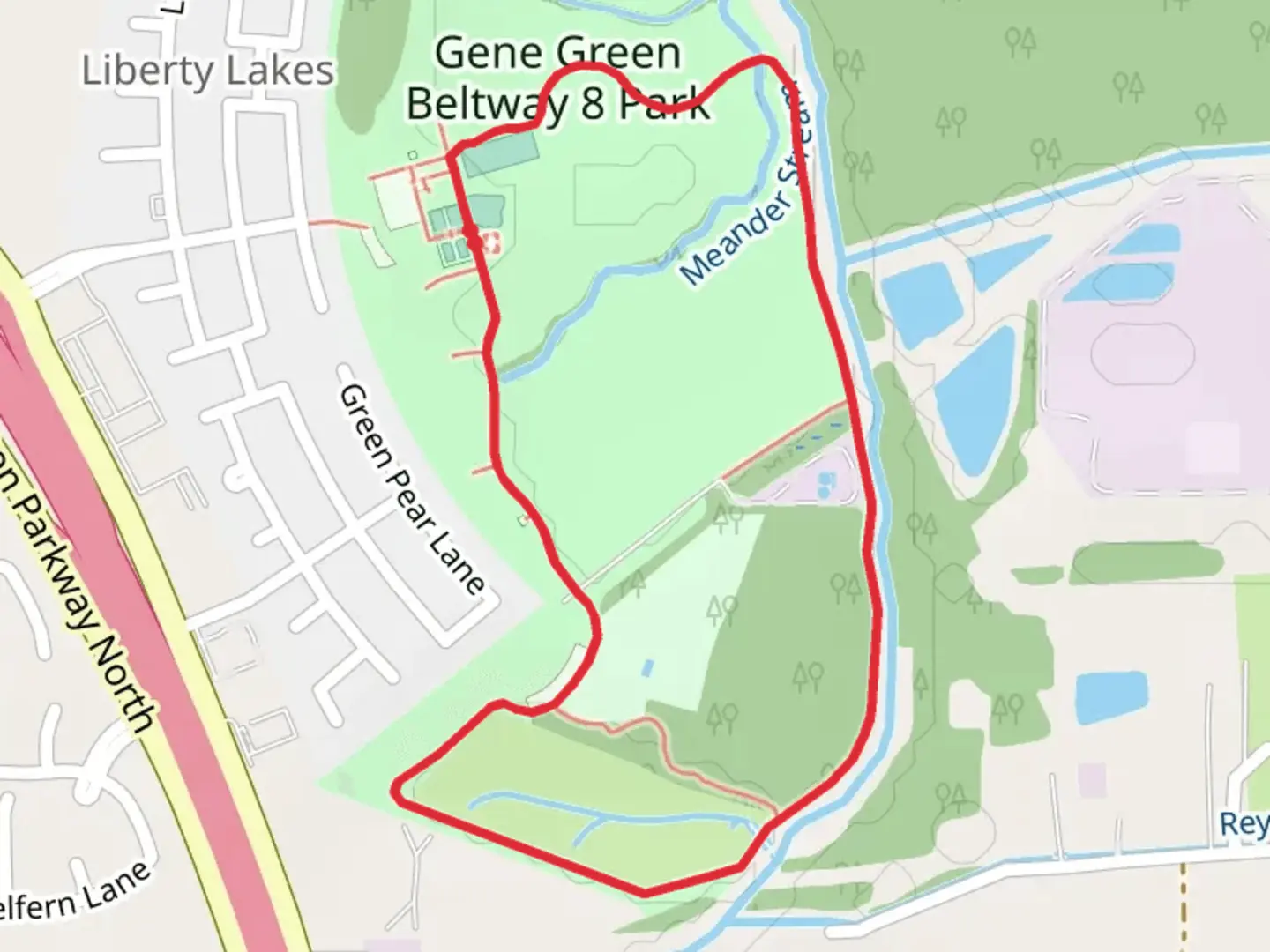 An image depicting the trail Gene Green Beltway 8 Park and Carpenters Bayou Loop and its surrounding area.