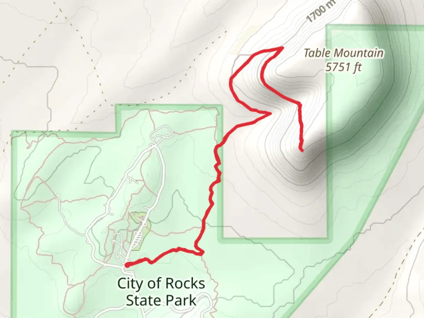 An image depicting the trail City of Rocks State Park and Table Mountain Trail and its surrounding area.