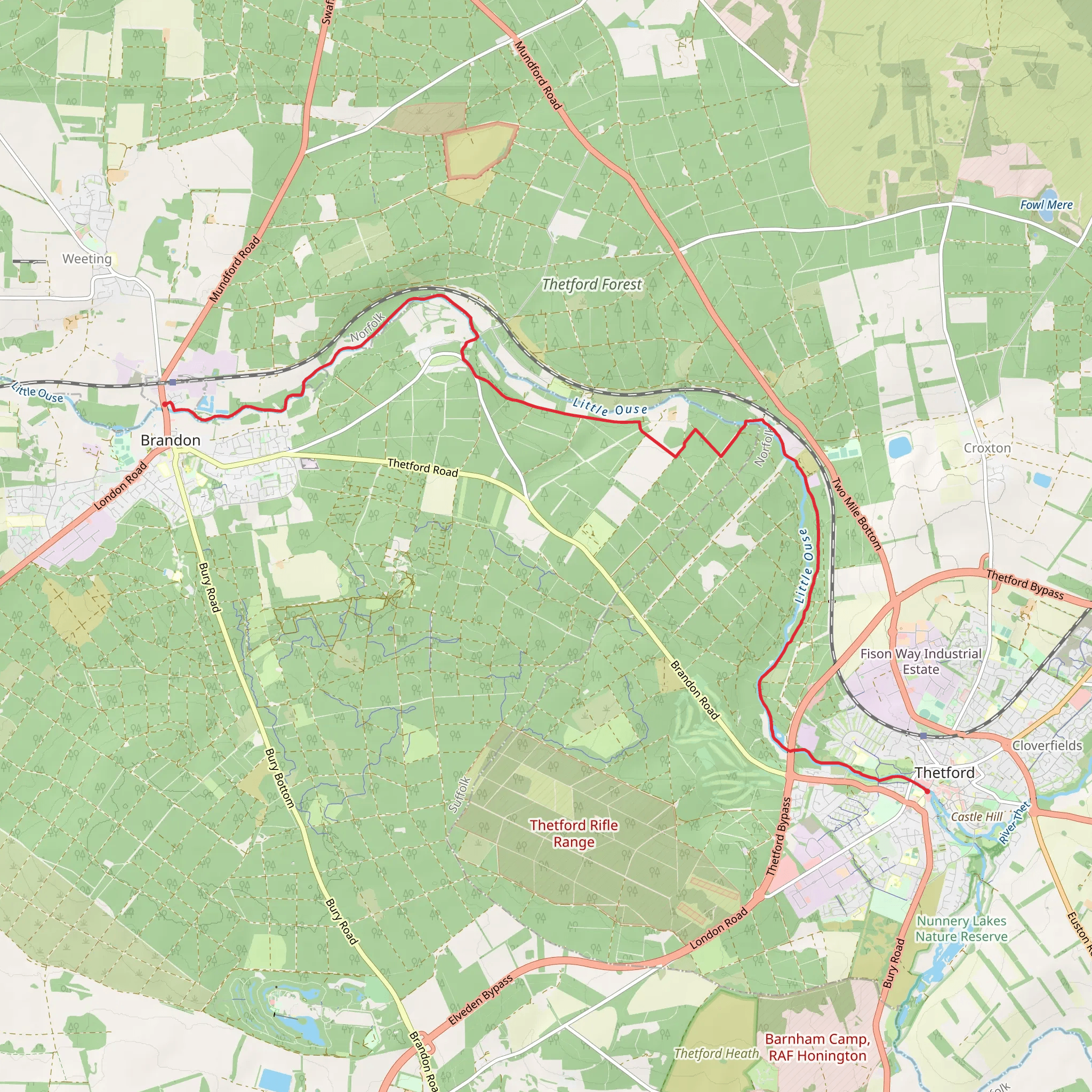 Thetford to Brandon Walk mobile static map