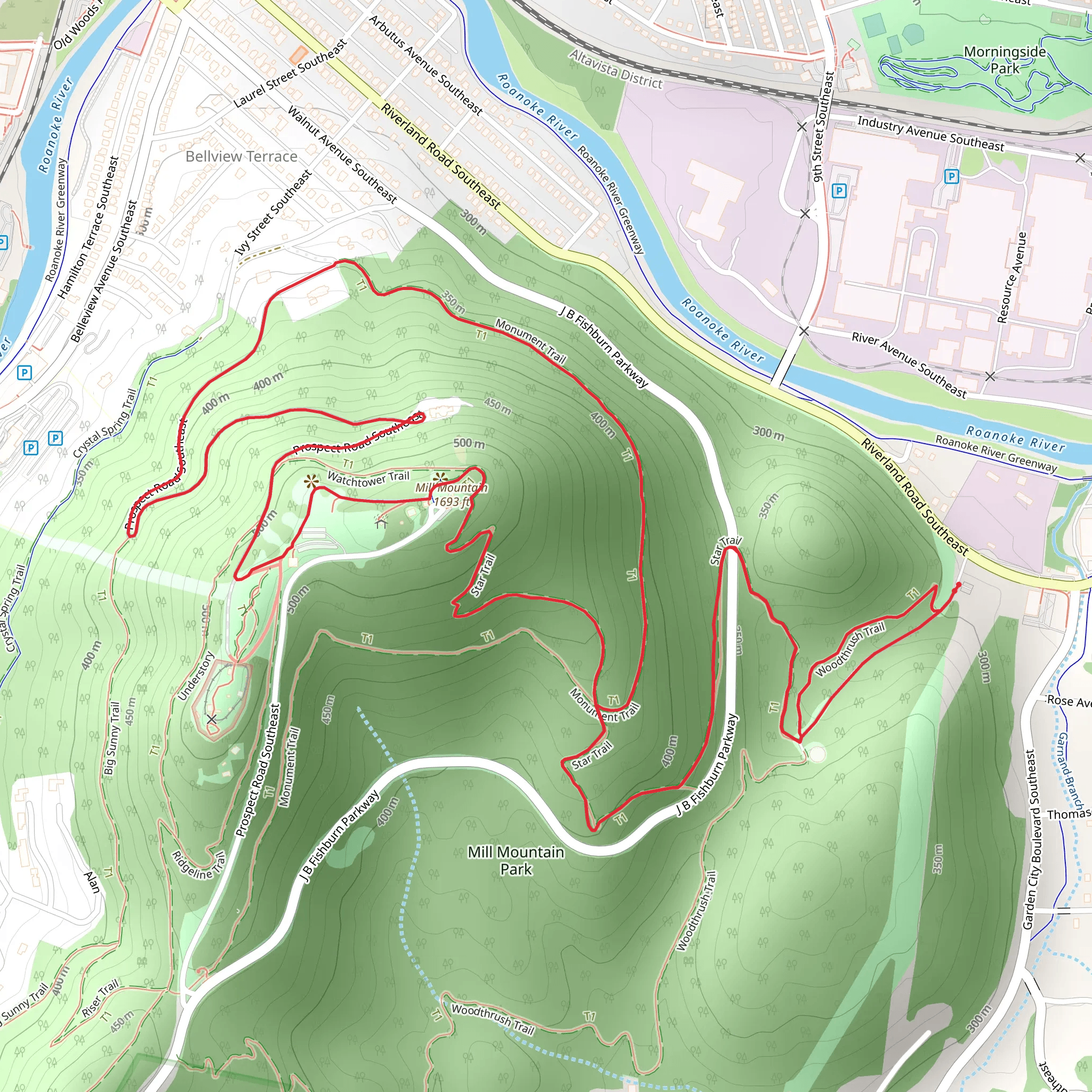 Mill mountain via Wood Thrush Trail and Start Trail Loop mobile static map