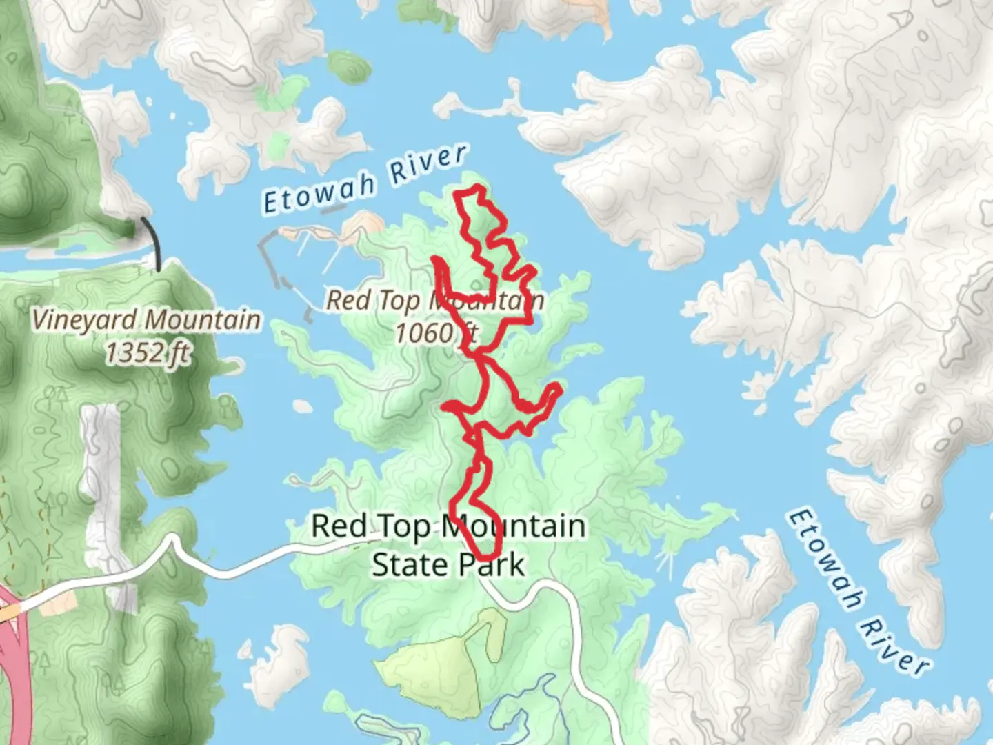 An image depicting the trail Sweet Gum and Homestead Loop Trail - Red Top Mountain State Park and its surrounding area.