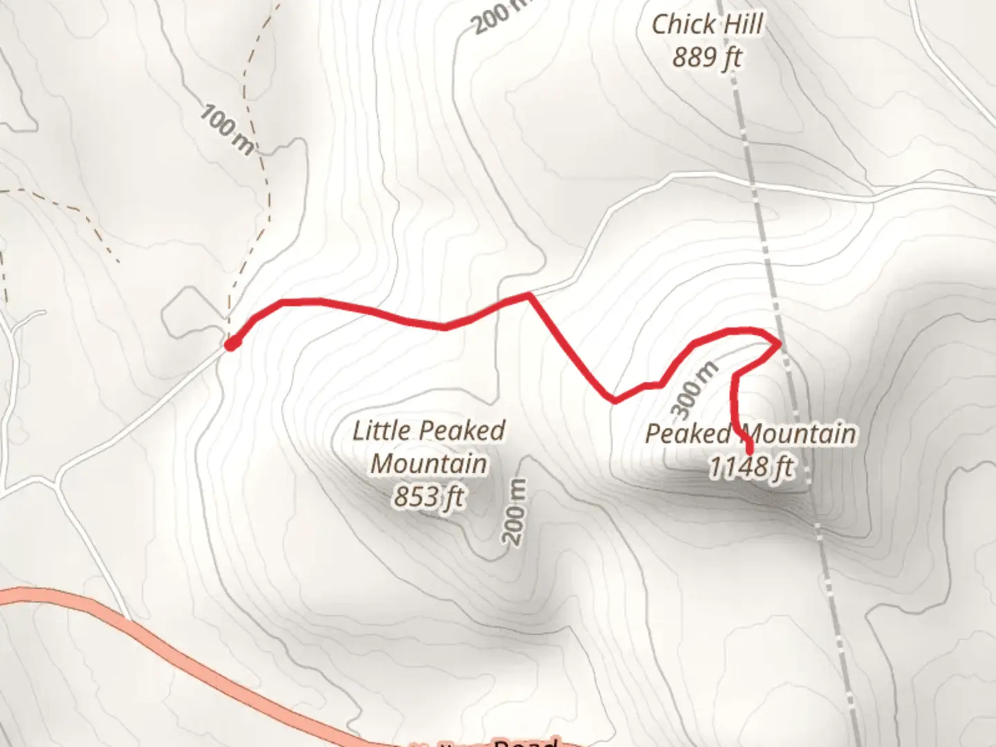 An image depicting the trail Peaked Mountain Trail and its surrounding area.