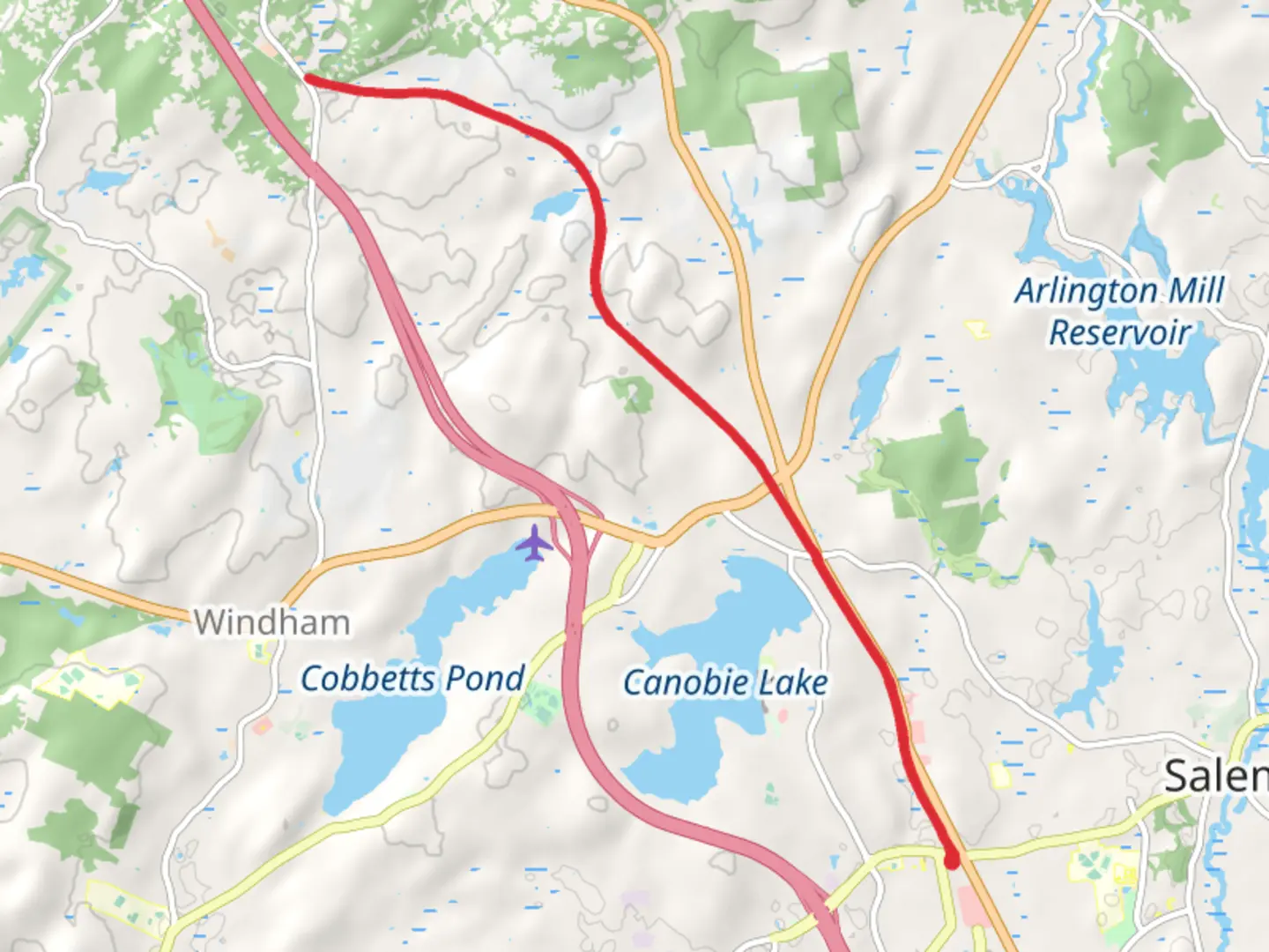 An image depicting the trail Salem Road to Windham Depot Road and its surrounding area.