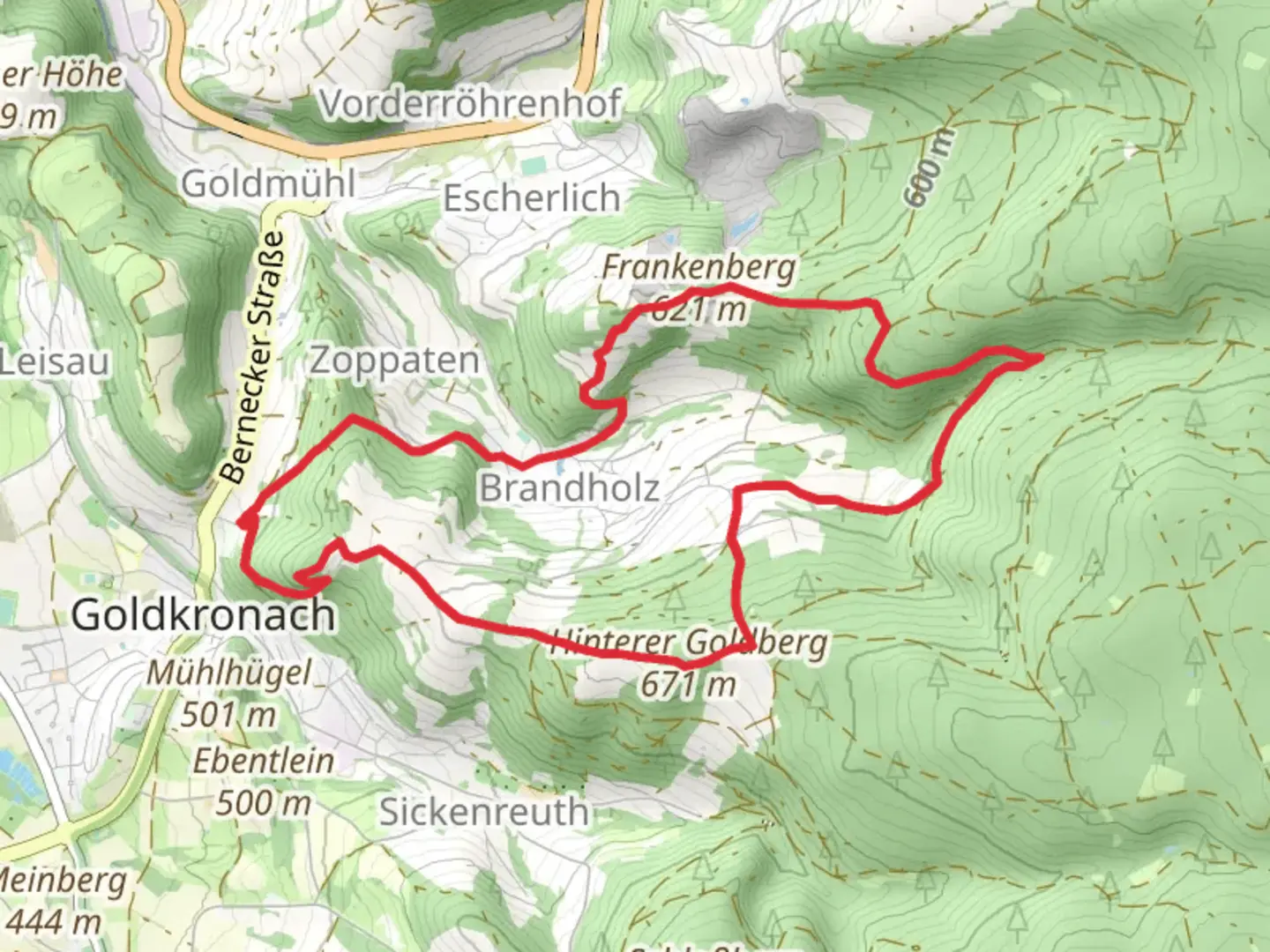 An image depicting the trail Frankenberg via Goldkronach Rundwanderweg and its surrounding area.
