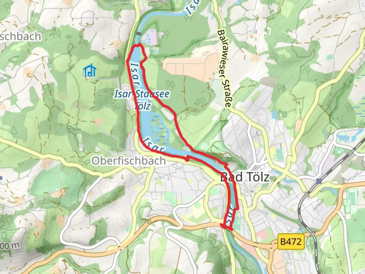 An image depicting the trail Isar Stausee Toelz via Traumpfad Muechen Venedig and Walgerfranzweg and its surrounding area.