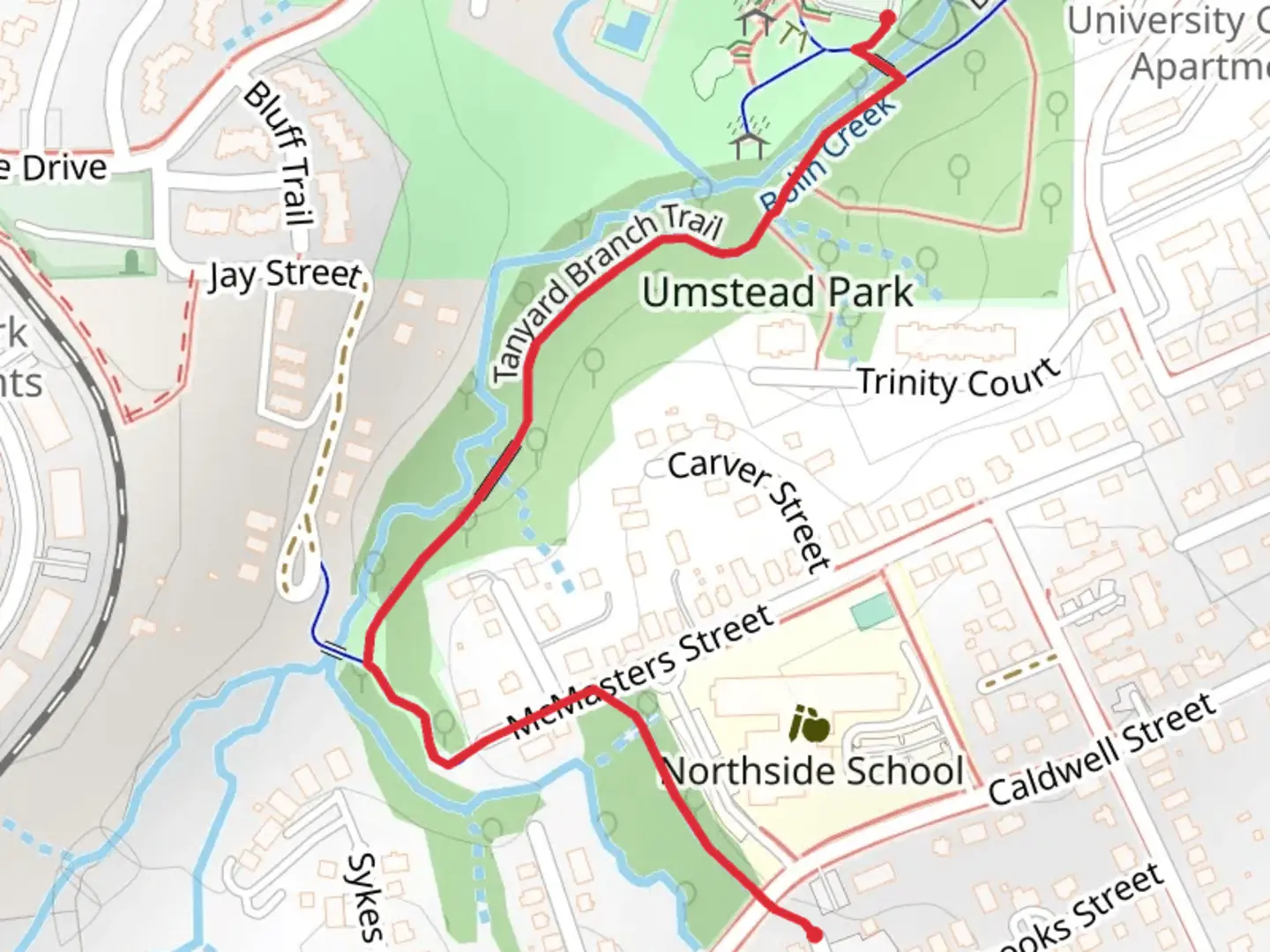 An image depicting the trail Umstead Park and its surrounding area.