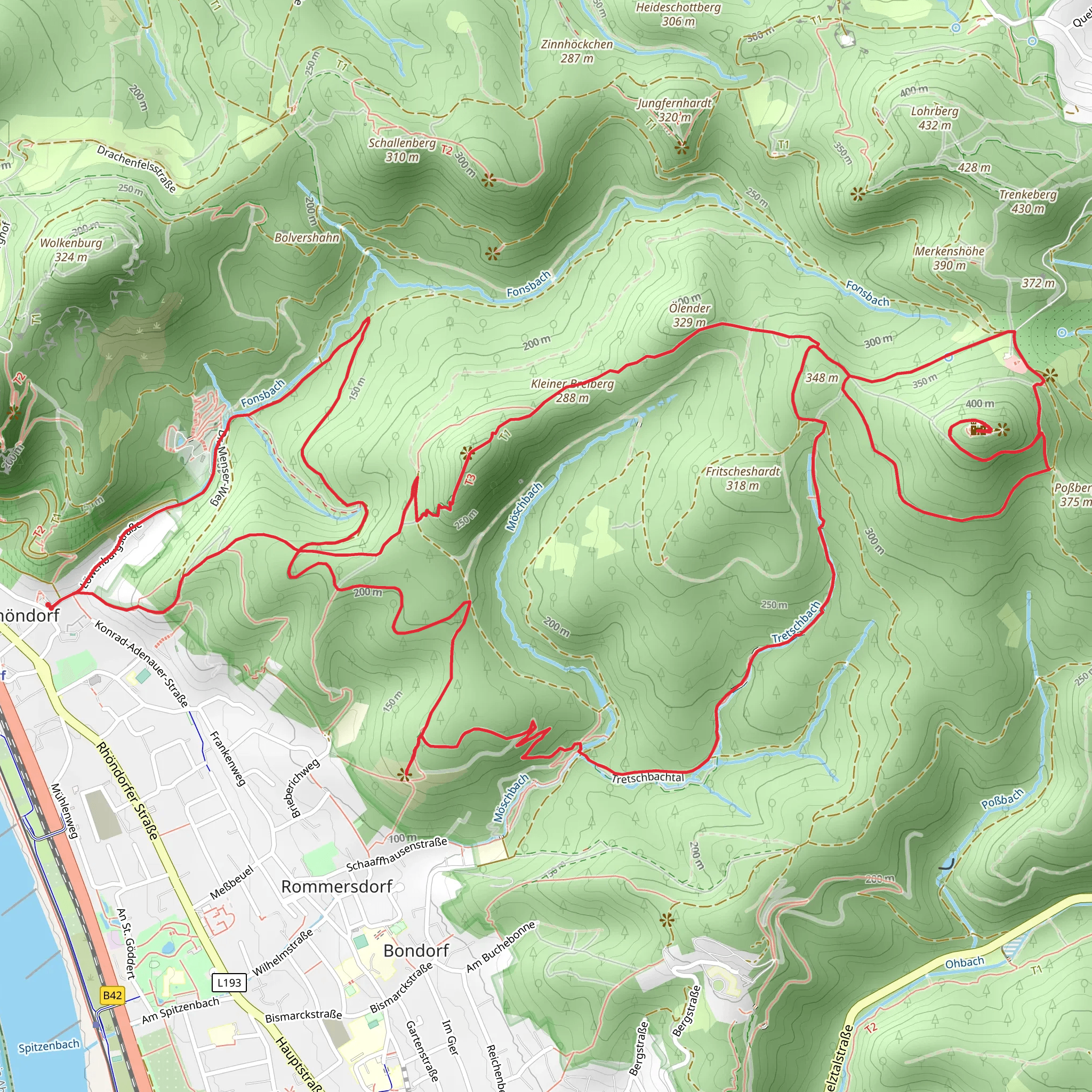 Loewenburg, Kleiner Breiberg and Grosser Breiberg via Bergischer Weg and Rheinsteig mobile static map