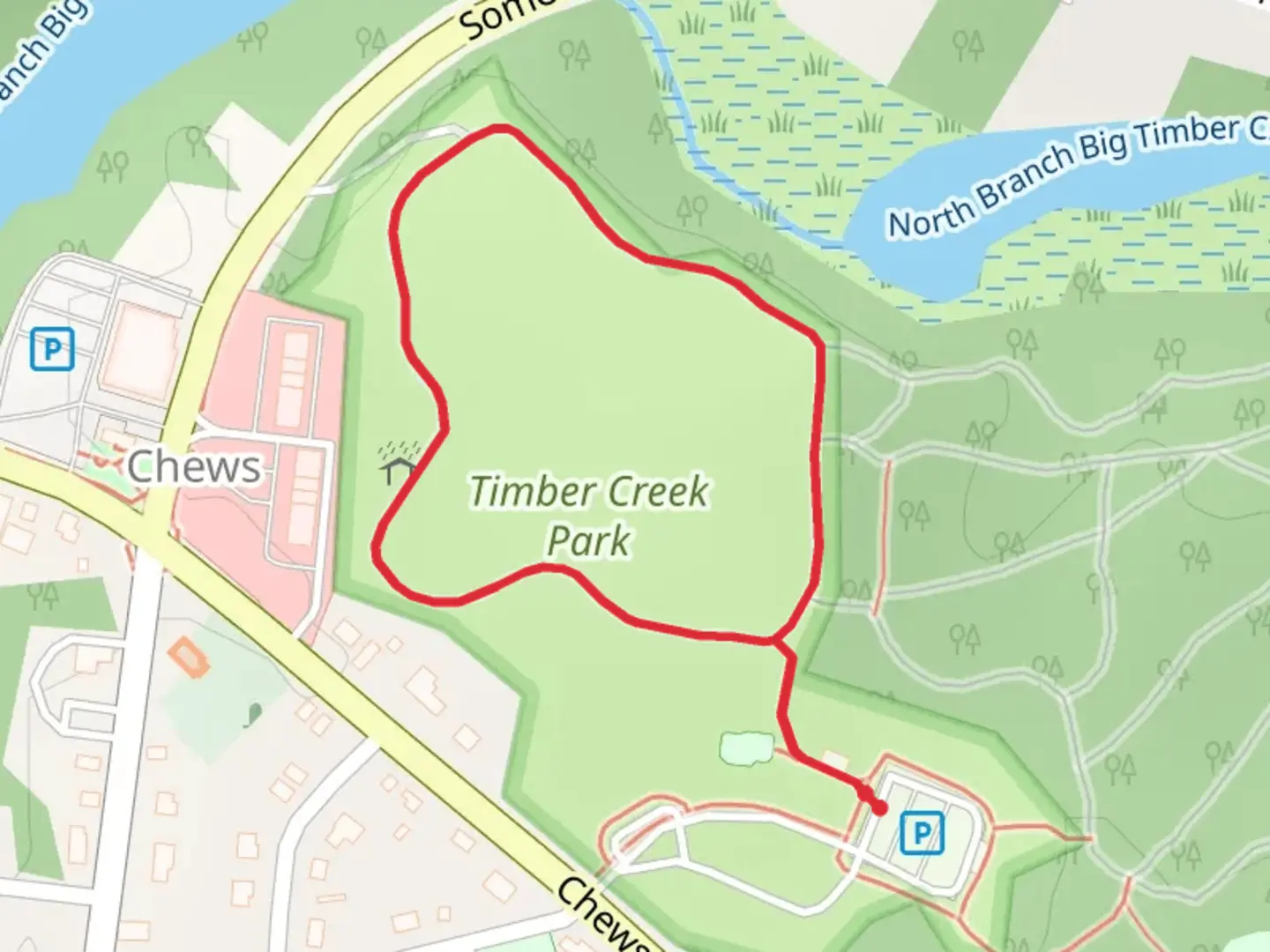 An image depicting the trail Timber Creek Dog Park Loop and its surrounding area.