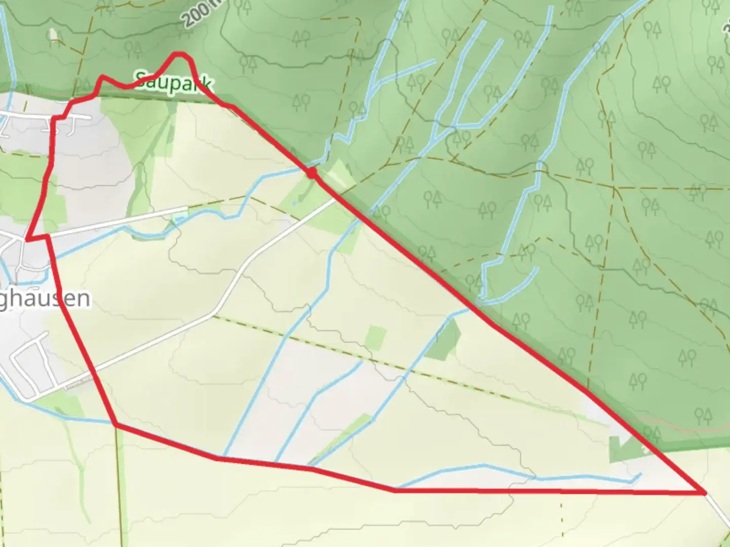 An image depicting the trail Bergmannsweg and Bruennunghaeuser Bach and its surrounding area.