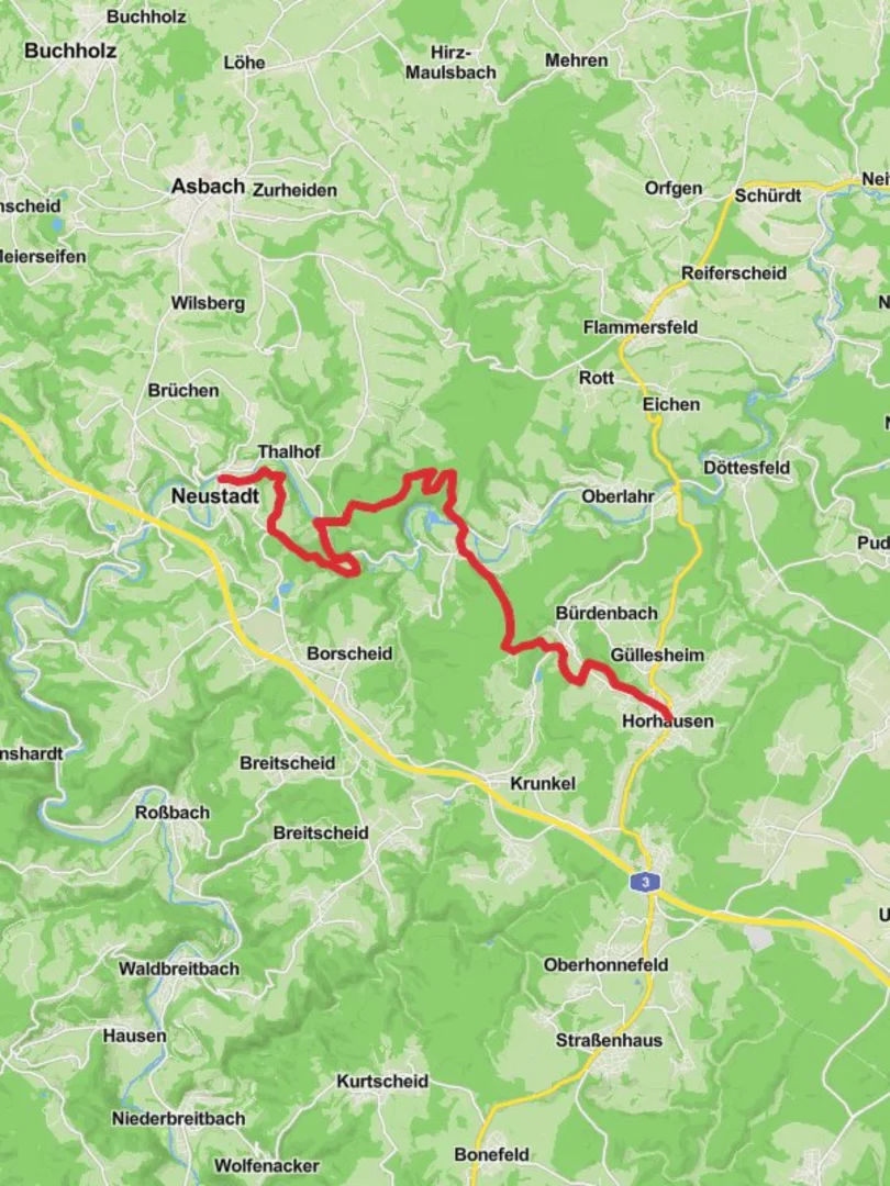 An image depicting the trail Horhausen to Neustadt Walk via Ruine Ehrenstein and its surrounding area.