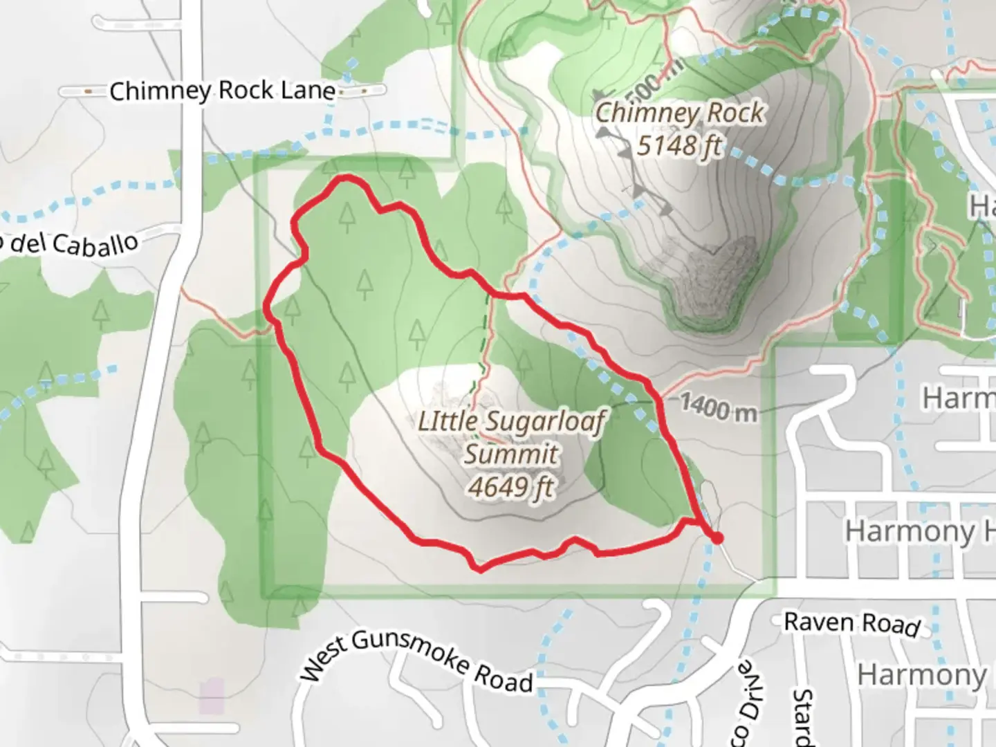 An image depicting the trail Lower Chimney Rock Loop Trail and its surrounding area.