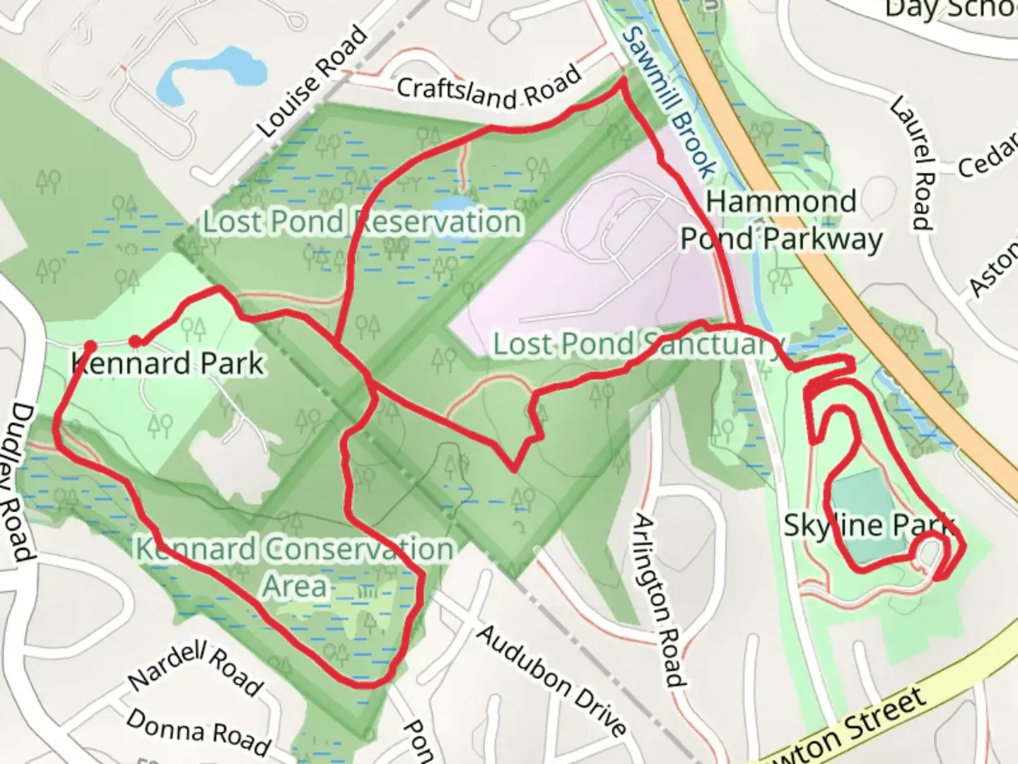 An image depicting the trail Lost Pond Conservation Area and Skyline Park Loop and its surrounding area.