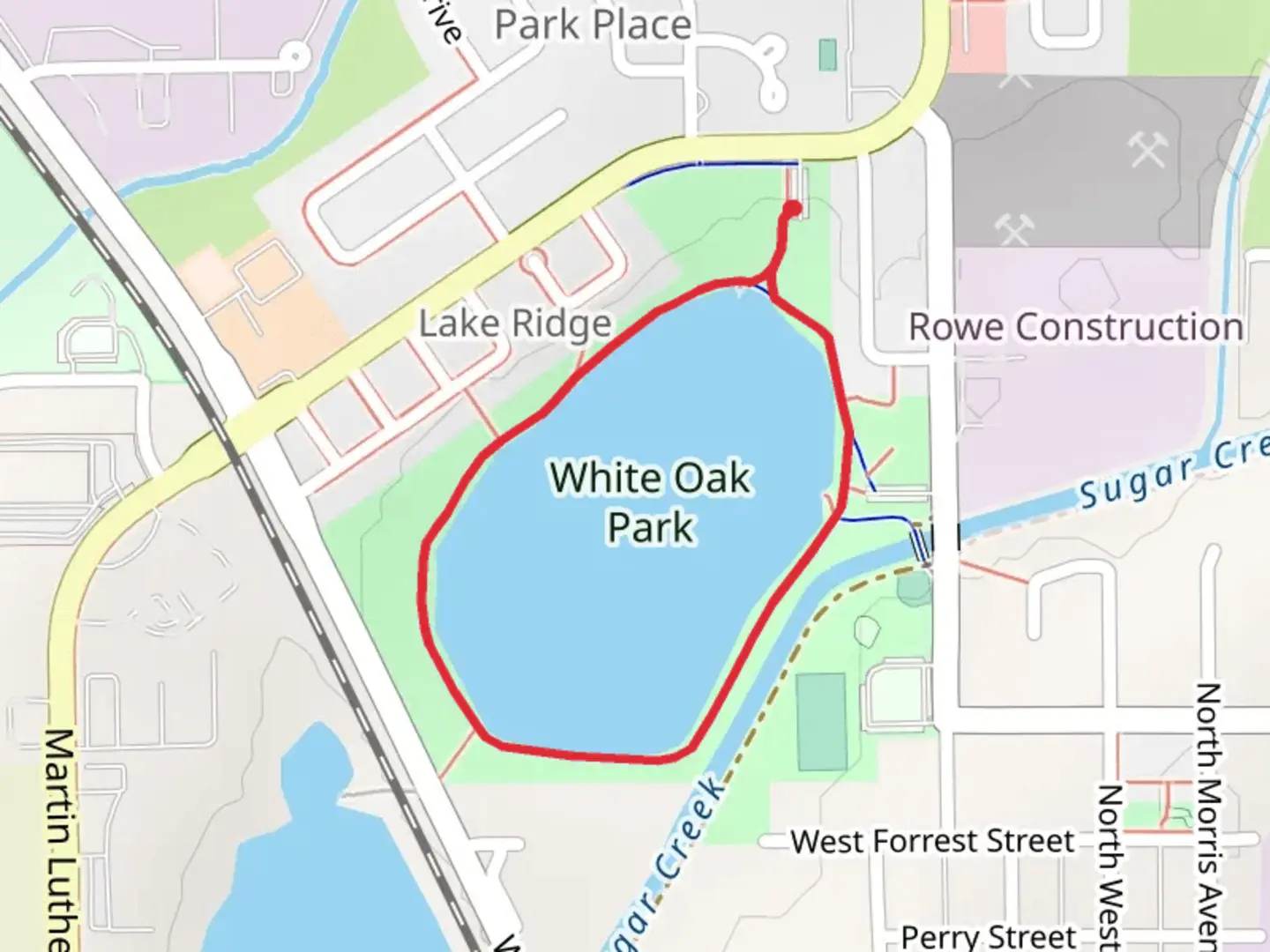 An image depicting the trail White Oak Park Lake Loop Trail and its surrounding area.