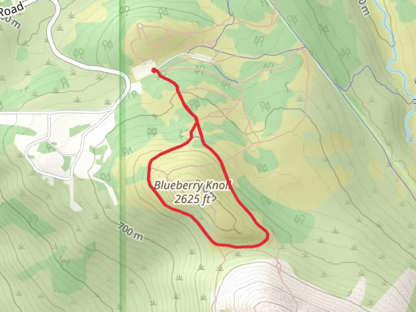 An image depicting the trail Blueberry Knoll Loop and its surrounding area.