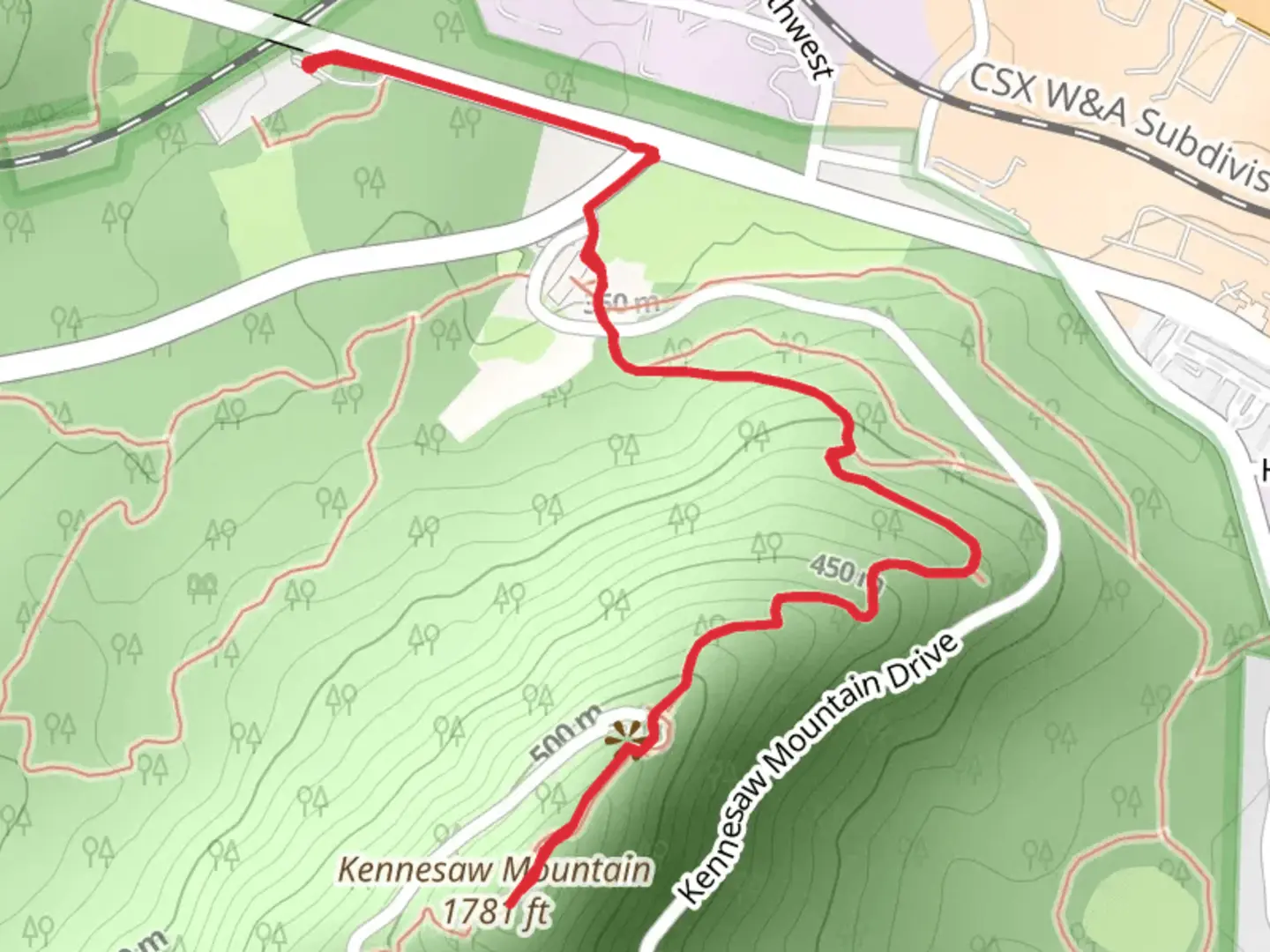 An image depicting the trail Kennesaw Mountain via Noonday Creek Trail and its surrounding area.