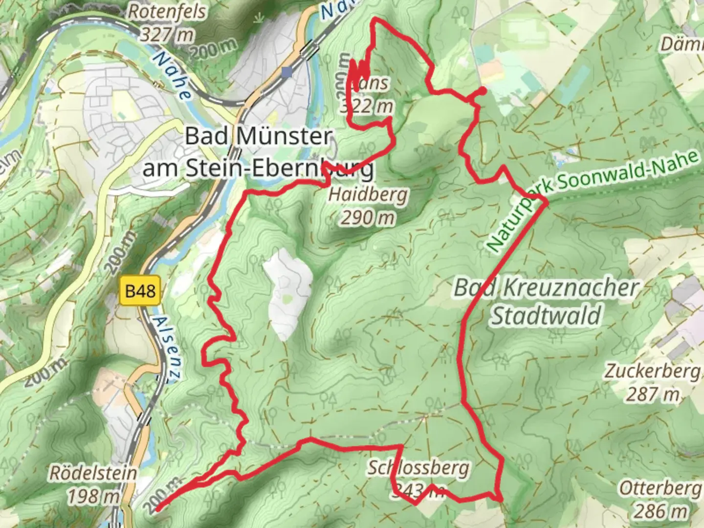 An image depicting the trail Bad Kreuznacher Stadtwald and NSG Gans und Rheingrafenstein Loop and its surrounding area.