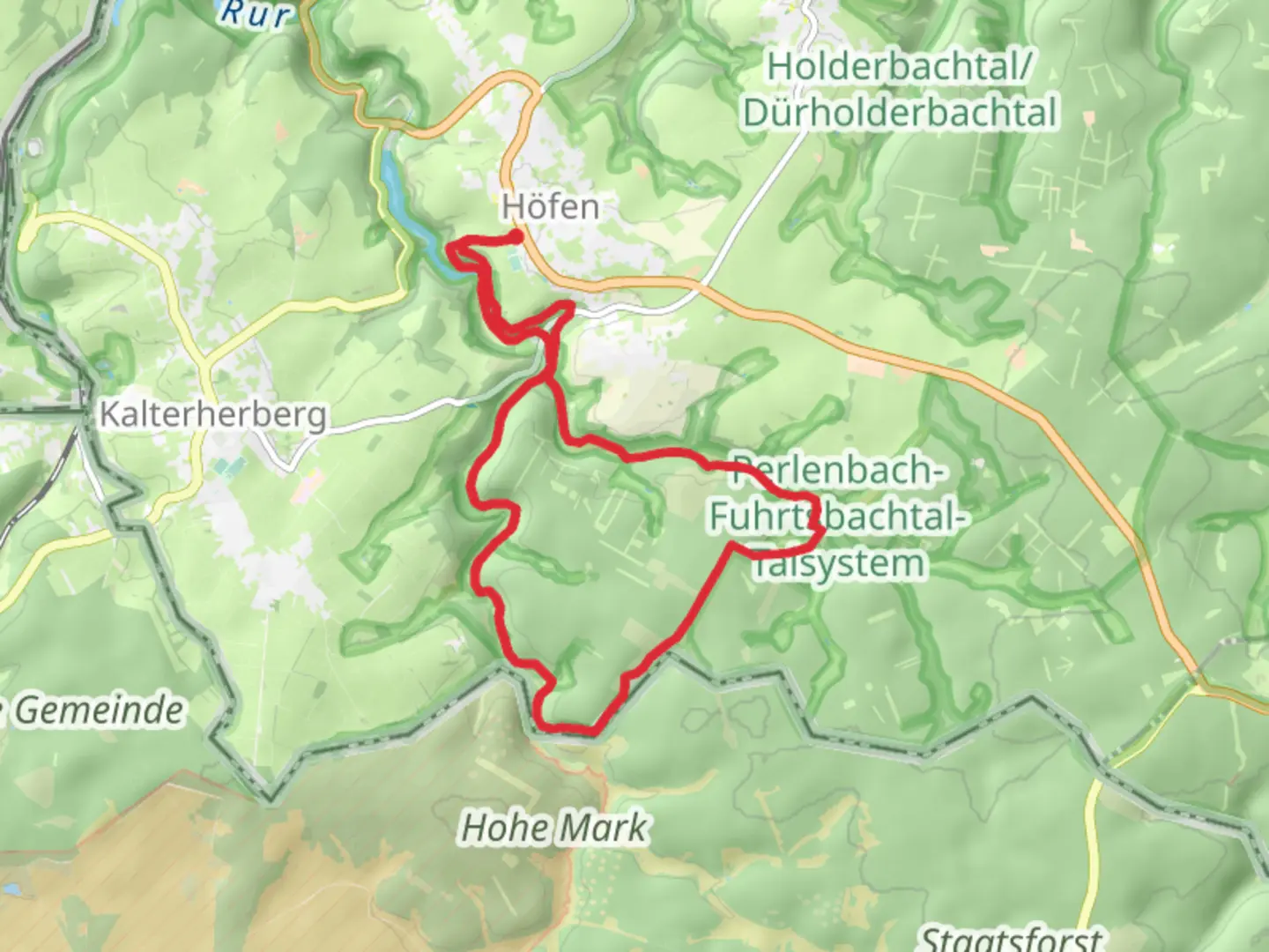 An image depicting the trail Perlenbach-Fuhrtsbachtal Loop via Hofen and its surrounding area.